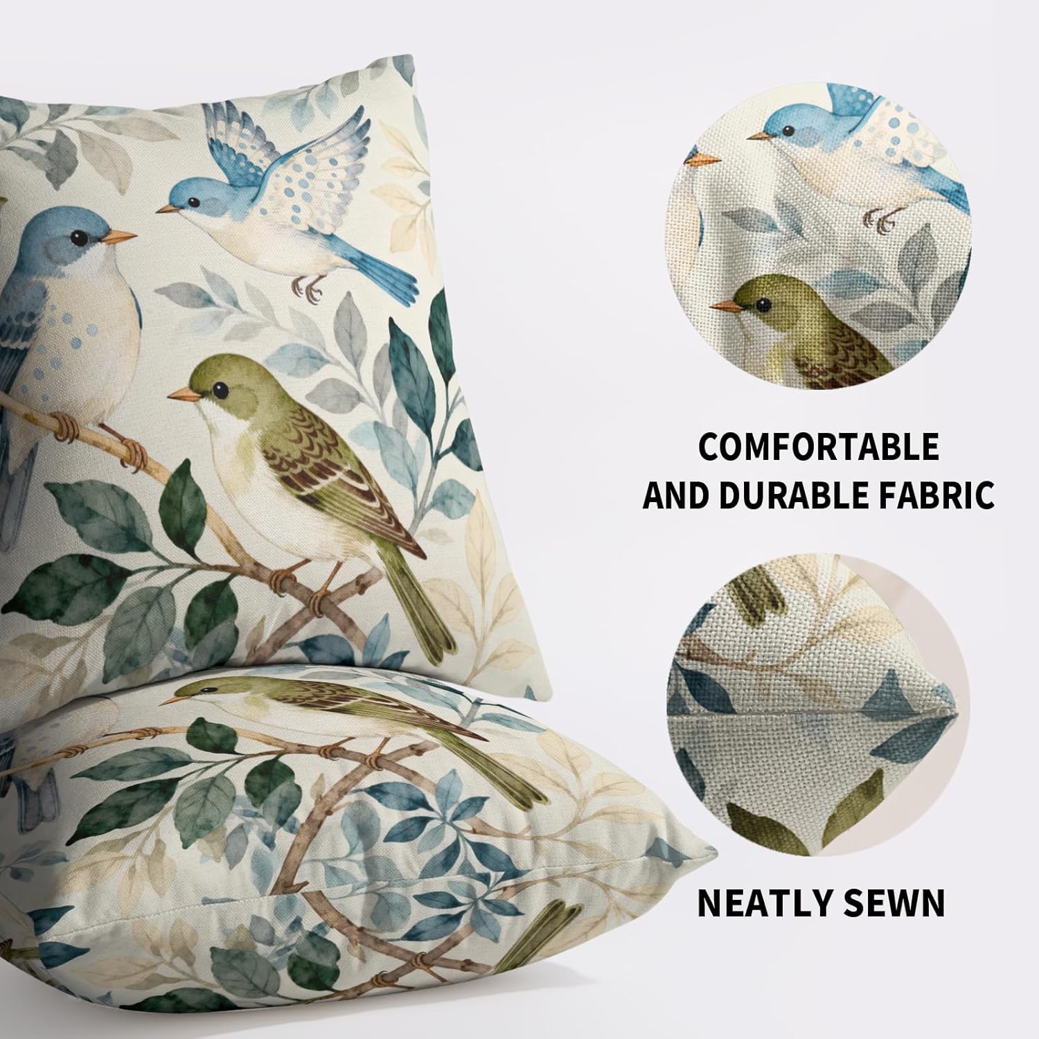 Bird Pillow Covers 24x24 Set of 2, Blue Green Vintage Spring Leaf Pattern Decorative Throw Pillowcases Outdoor Cushion Cases Country Rustic Farmhouse Home Decor for Sofa Couch Bed