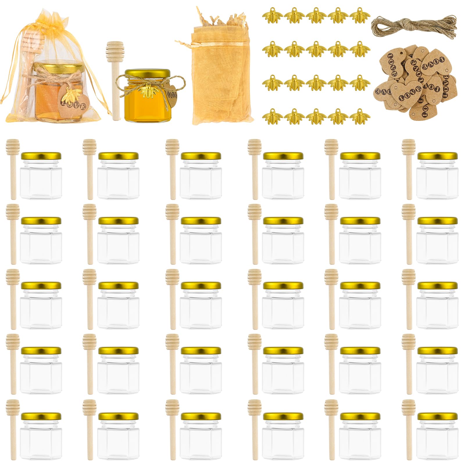30pcs 45ml Mini Hexagonales Tarros de Miel de Cristal con Cucharones de Madera, Colgantes de Abejas, Bolsa de Cuerda, Etiquetas de Papel Kraft, Cuerda de Cáñamo, Perfectos Babyshower, Regalos de Boda