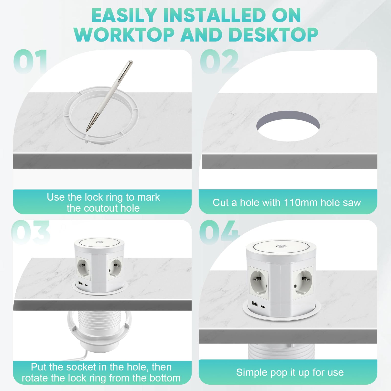 Versenkbare Steckdose mit USB C PD 75W, 8-in-1 Einbausteckdose mit 15W Kabelloses Ladegerät, 4 Fach Versenkbare Tischsteckdose für Arbeitsplatte Küche, 1,5M Kabel, D 115MM