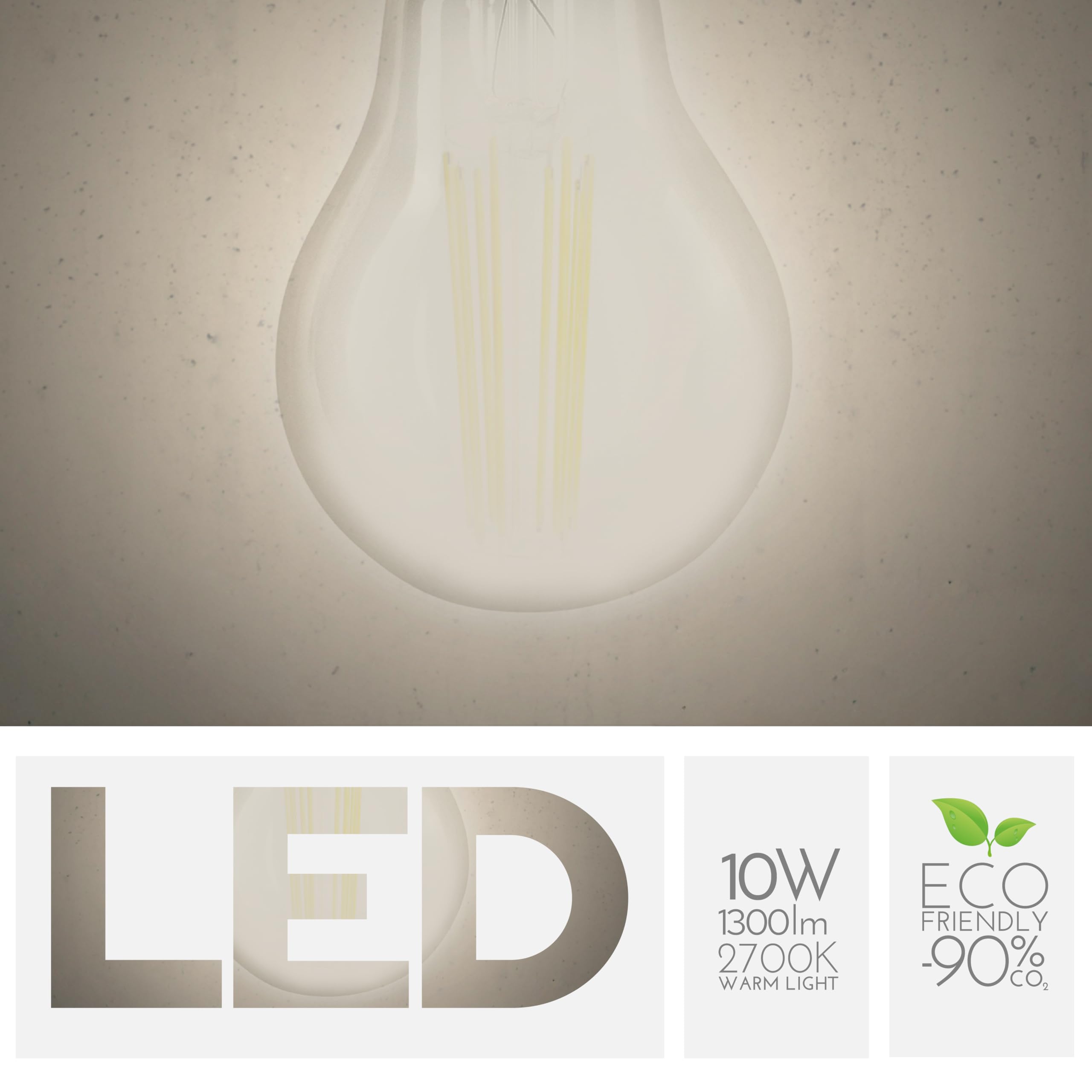 Tropfenförmige Glühbirne 10 W entspricht 100 W, E27, mattiertes Glas, 2700 K warmes Licht, gerader LED-Glühfaden, 1300 Lumen, 10er-Pack