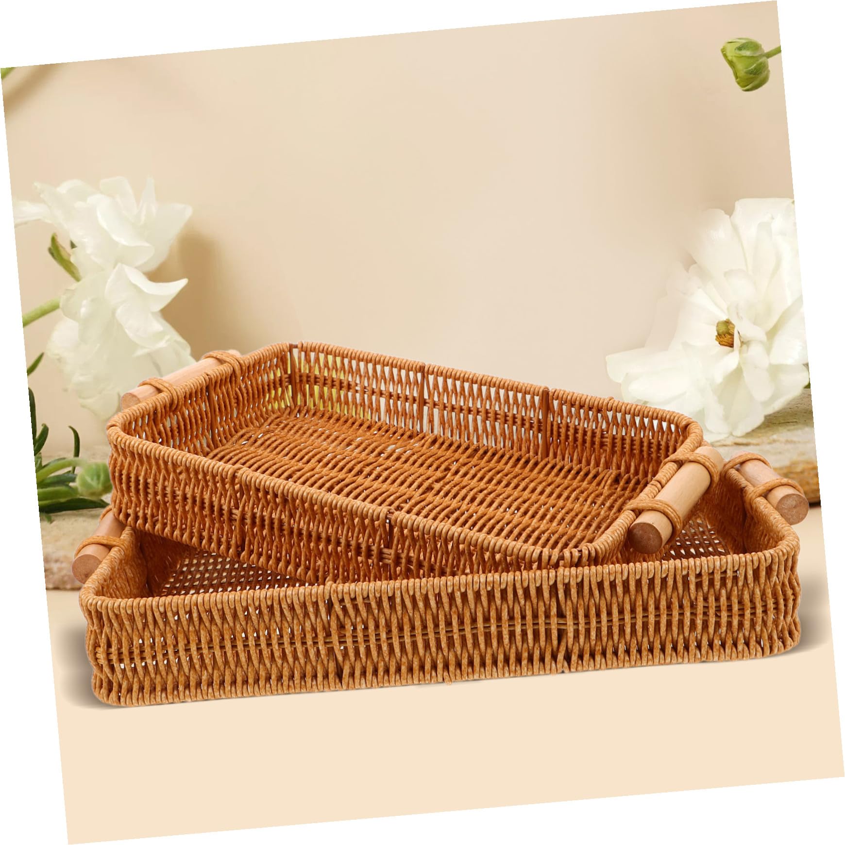 NOLITOY 2 Piezas Cestas de Pan Tejidas Mano con Asas de Madera Bandejas Rectangulares de Ratán Sintético para Servir y Almacenar Organizador Artesanal para Cocina y Comedor