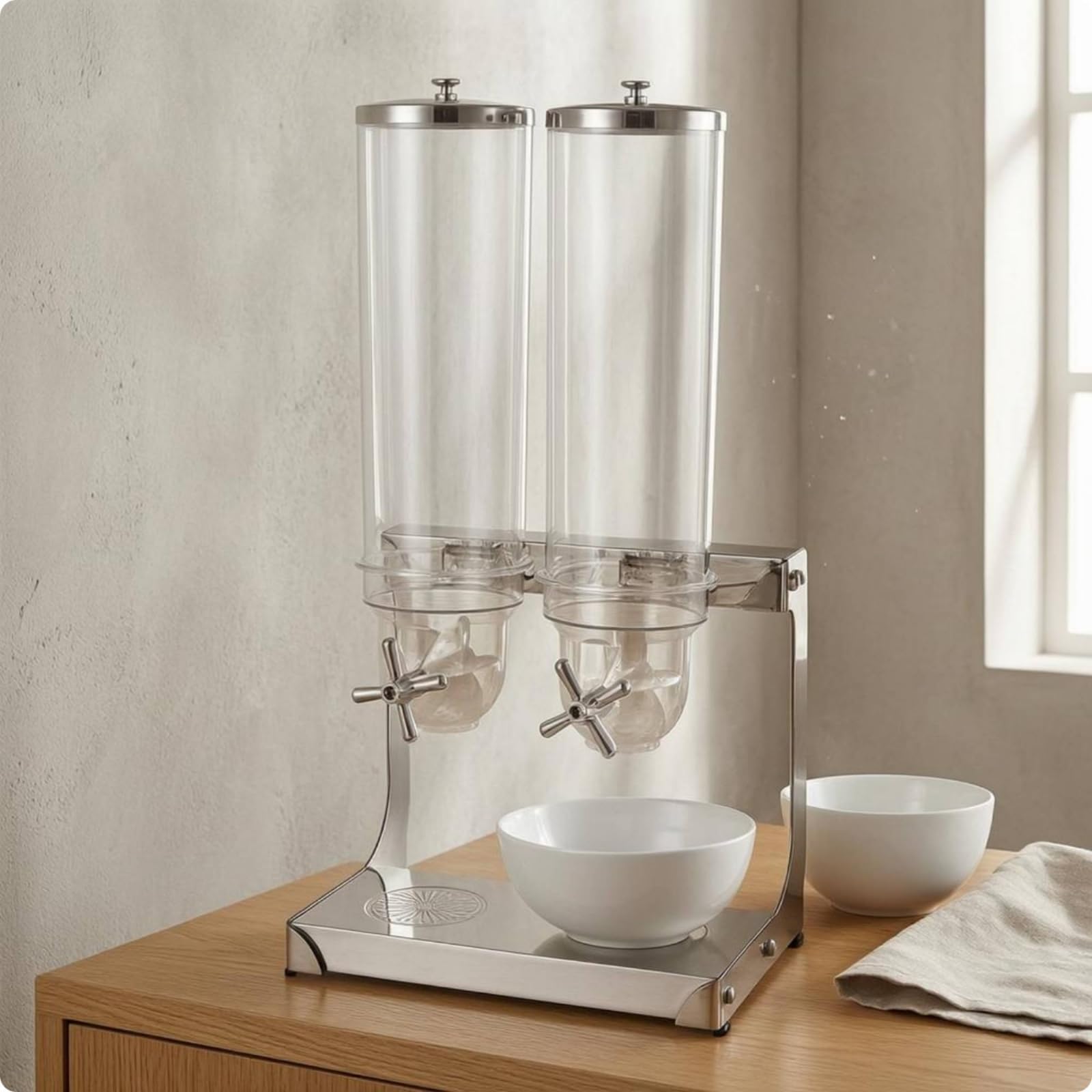 Qianly Máquina Dispensadora Granos Cilíndrico Dispensador Cereal Transparente Base Rectangular Dosificador Granos, 7L Doble Cabezal