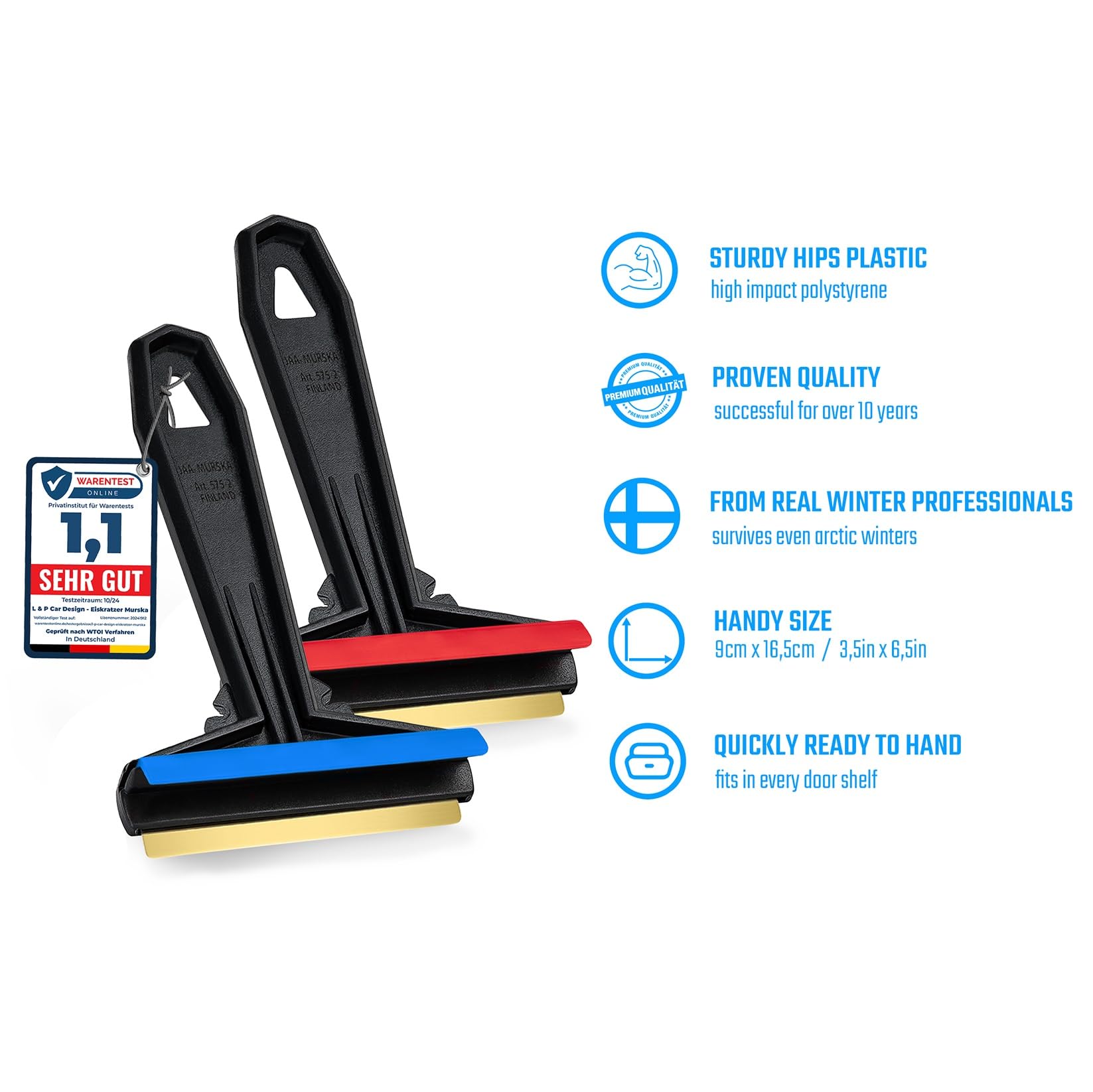 Rascador Finlandia Negro Azul Pack De 2 Rascadores De Hielo Murska - Color Negro Y Azul, 370 Mm De Largo, Filo De Latón, Original De Finlandia Rascador De Hielo Para Luna De Coche
