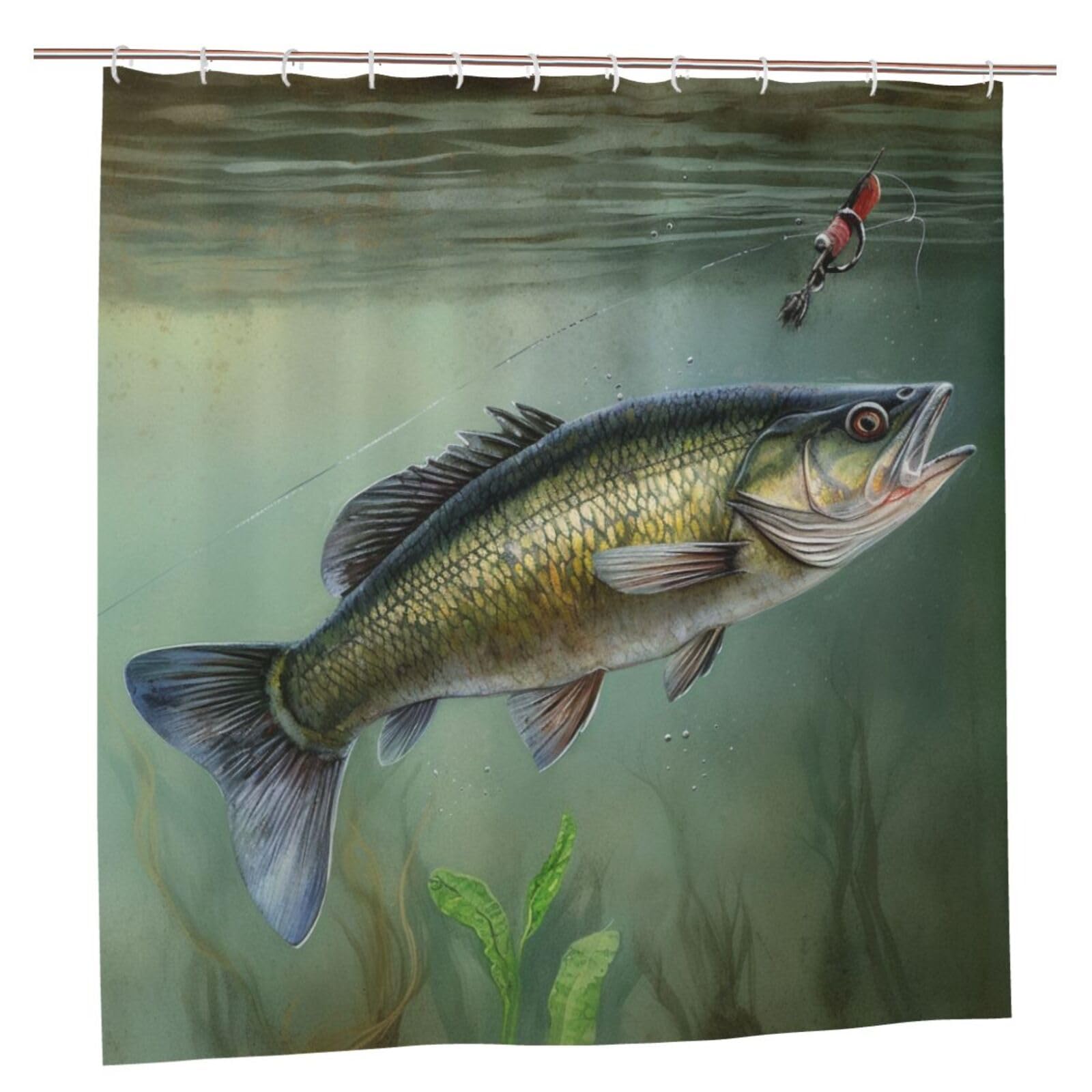 BWWHCCTI Fish with a Lure Printed Shower Curtain With 12 Plastic Hooks Opaque Quick Drying Waterproof Shower Curtains Sets For Bathroom 183x183 CM