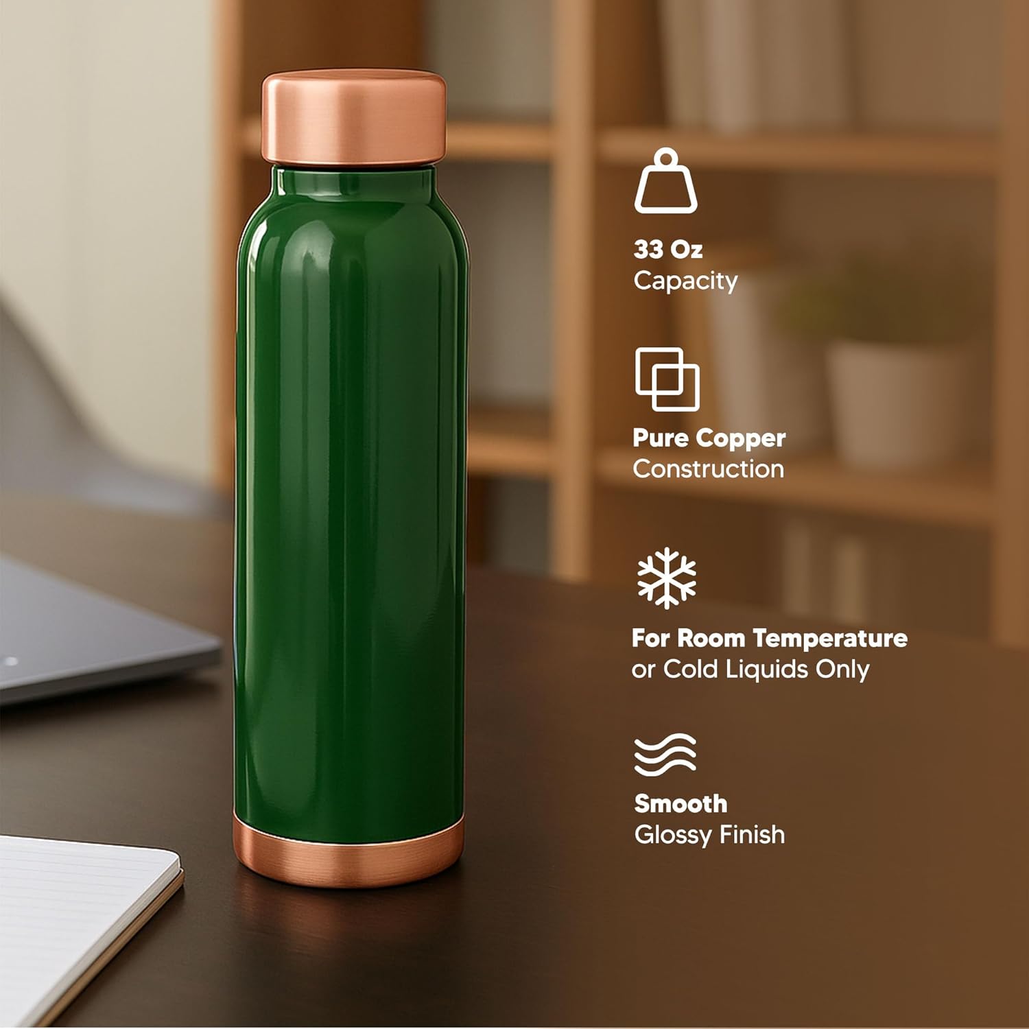 Custom Personalized Pure Copper Water Bottle for Drinking with Your Name Engraved | 33 Oz | Smooth Glossy Painted Finish | Copper Plated Lid | Green