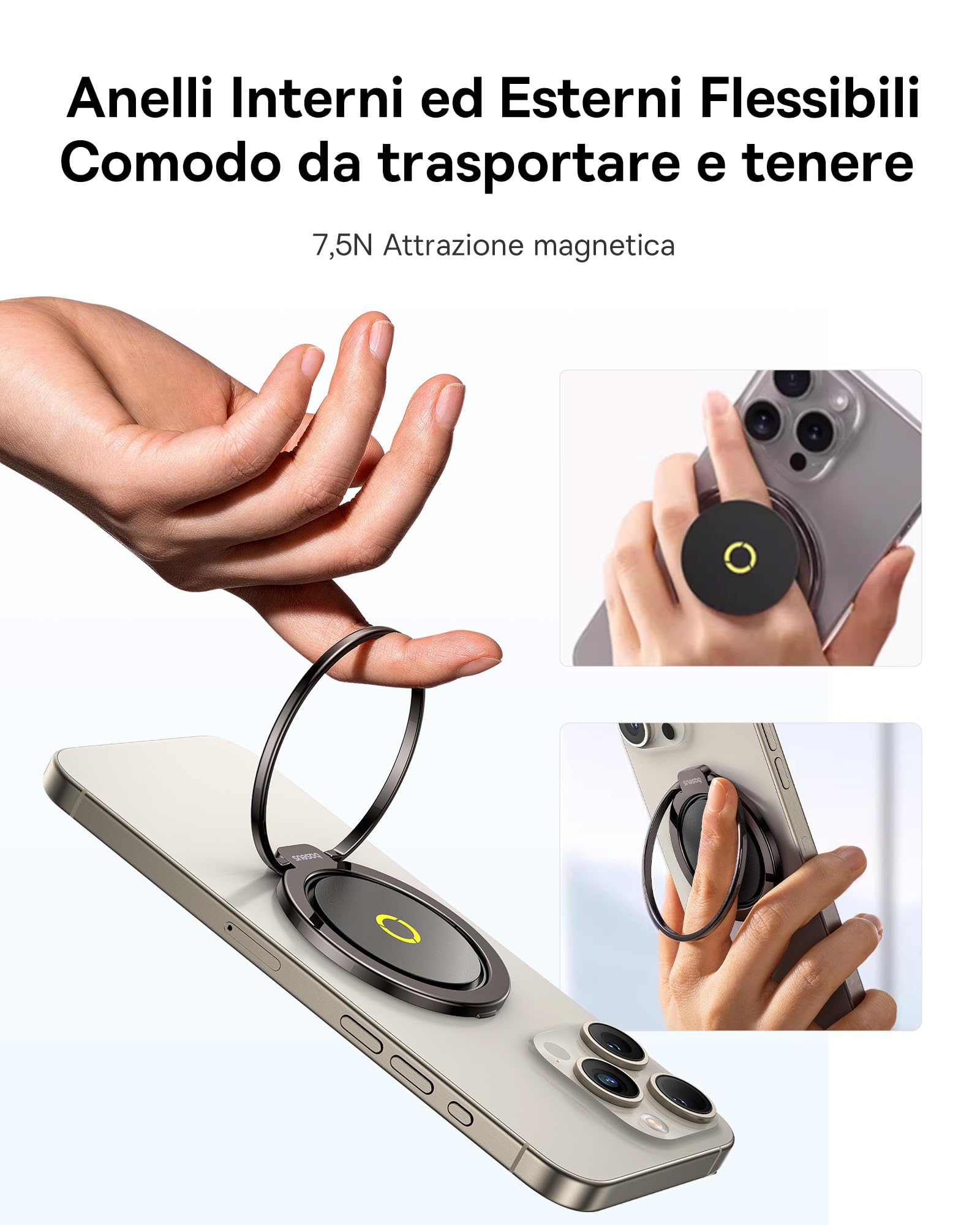 Baseus MagPro II Anello magnetico per iPhone per MagSafe, supporto ad anello magnetico 7,5N, supporto per impugnatura a rotazione a 360° per iPhone 17 16 15 14 13 12 Pro Max