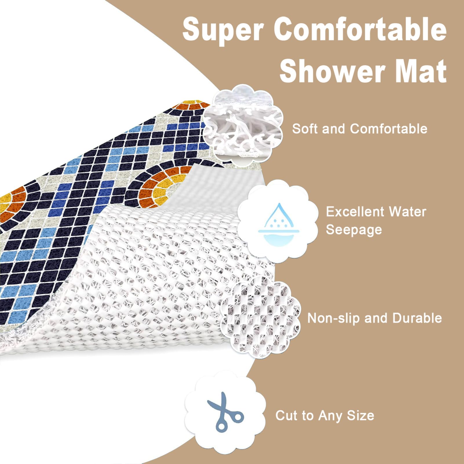Alfombrilla de ducha antideslizante de lufa 80 x 80 cm, alfombrilla de ducha para interior, alfombrilla rectangular con drenaje para zonas húmedas, almohadilla de baño de PVC para ancianos, azul