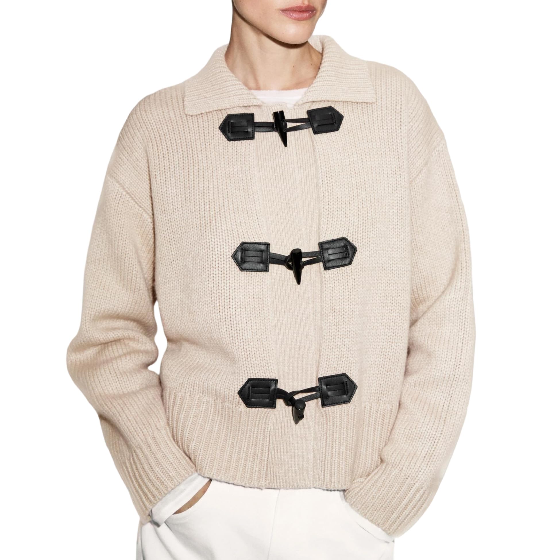 Women Sweater Cardigan Horn Button Lapel Collar Cropped Knit Coat Casual Trendy Open Front Fall Winter Outfits