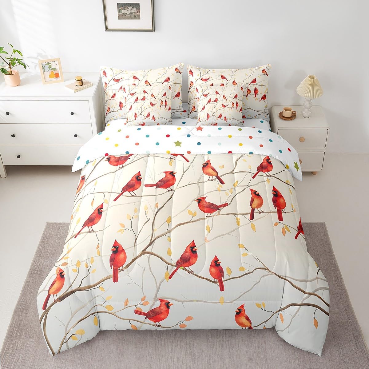 Erosebridal 7 Piece Cardinal Bedding Set Queen,Red Bird Bed in a Bag Comforter Set for Kids Boys Girls,Yellow Leaves Branches Flat Fitted Sheet,Kawaii Wild Safari Animal Bedding Comforter Sets
