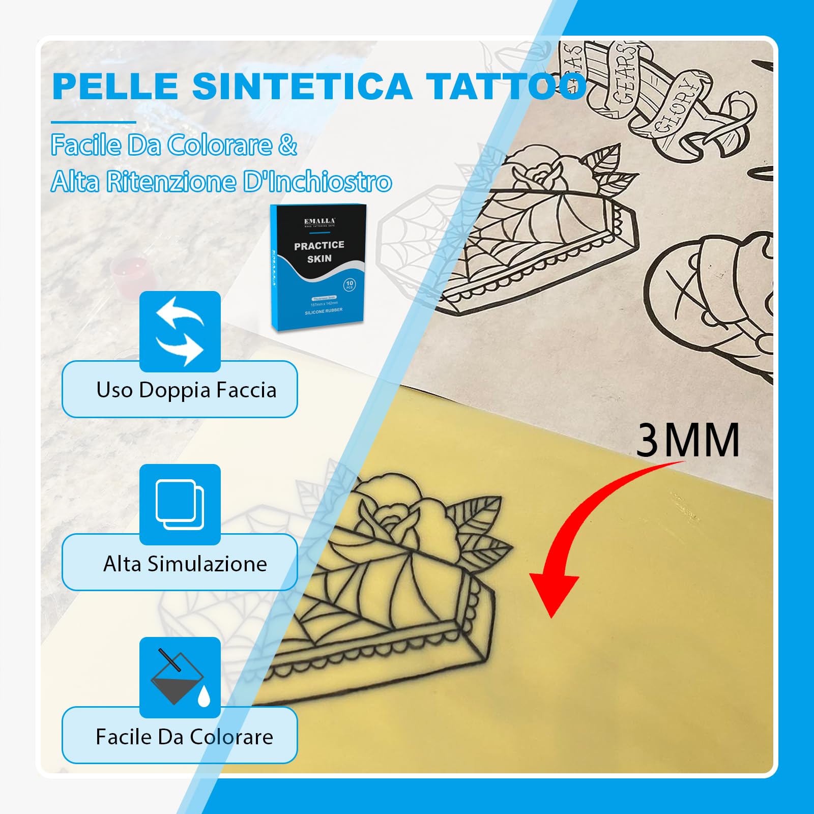 EMALLA Pelle Sintetica Tatuaggi 3mm 5 pezzi A4 Silicone Tatuaggio Pelle Finta 30cm x 20cm Tattoo Skin per Principianti e Artisti