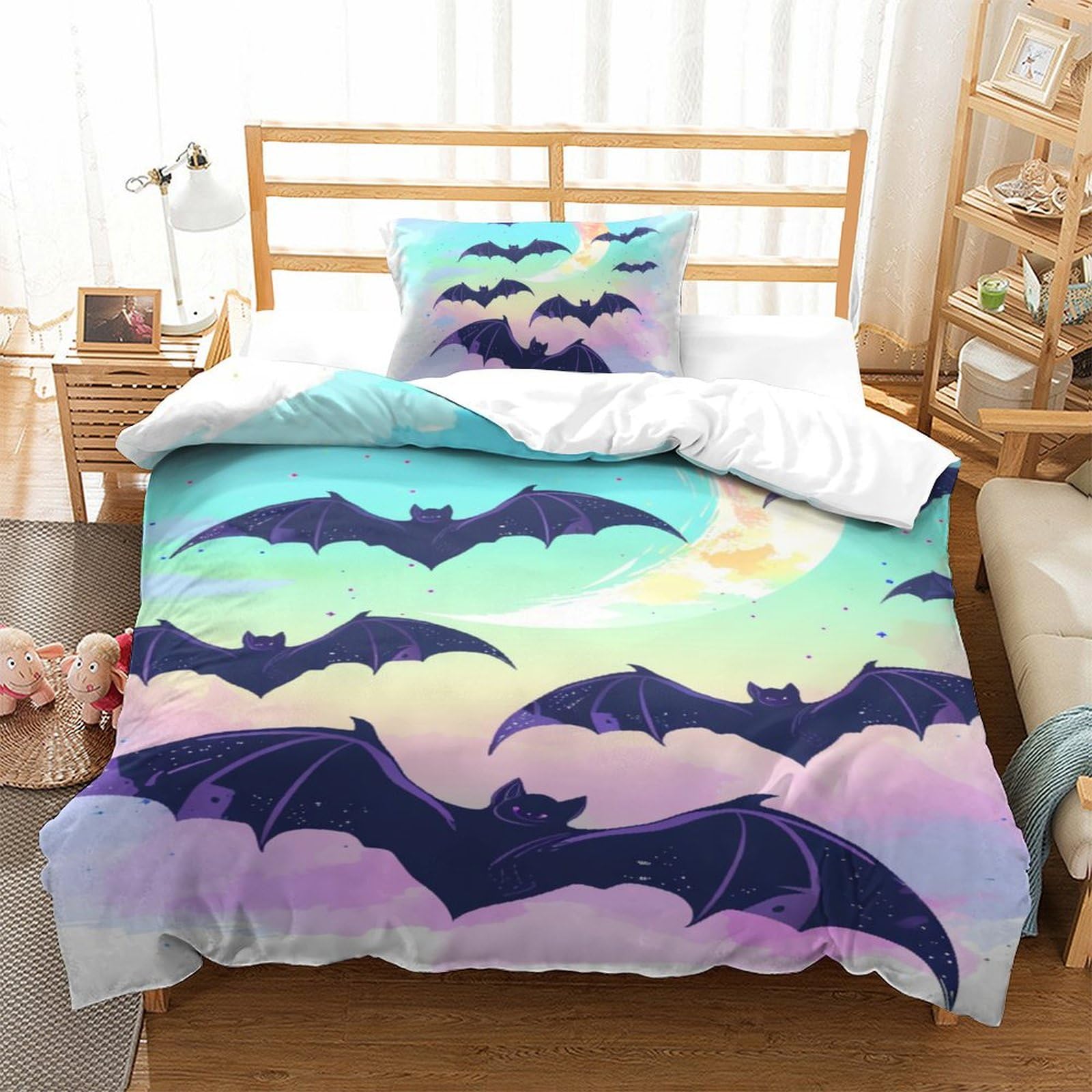 Housse de couette 135x200 chauve-souris lit simple ado avec taie d'oreiller zipper