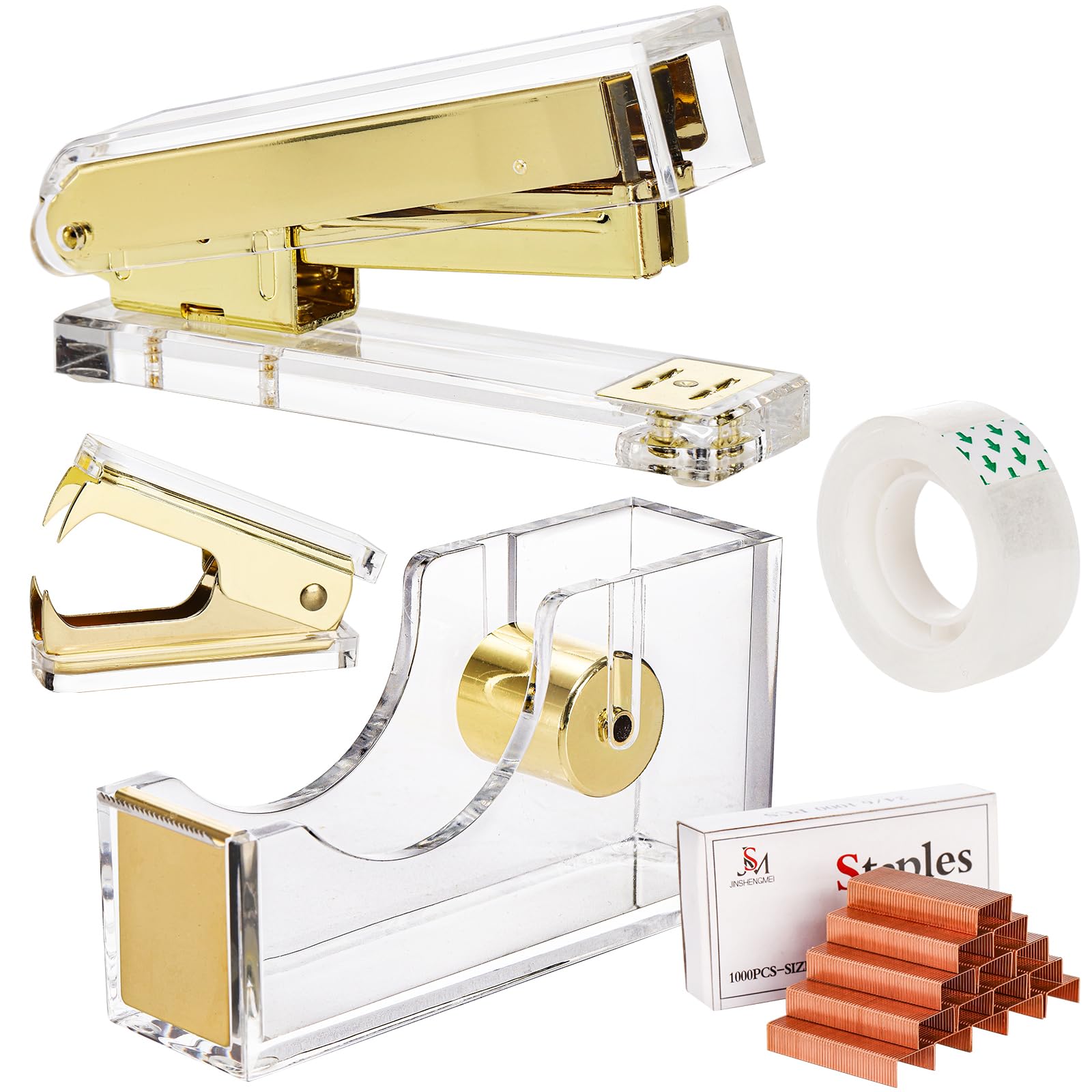 Hiceeden Acrylic Gold Stapler and Tape Dispenser Set, Desk Accessories Office Supplies Includes Tape, Staple Remover and 1000pcs 24/6 Staples, Modern