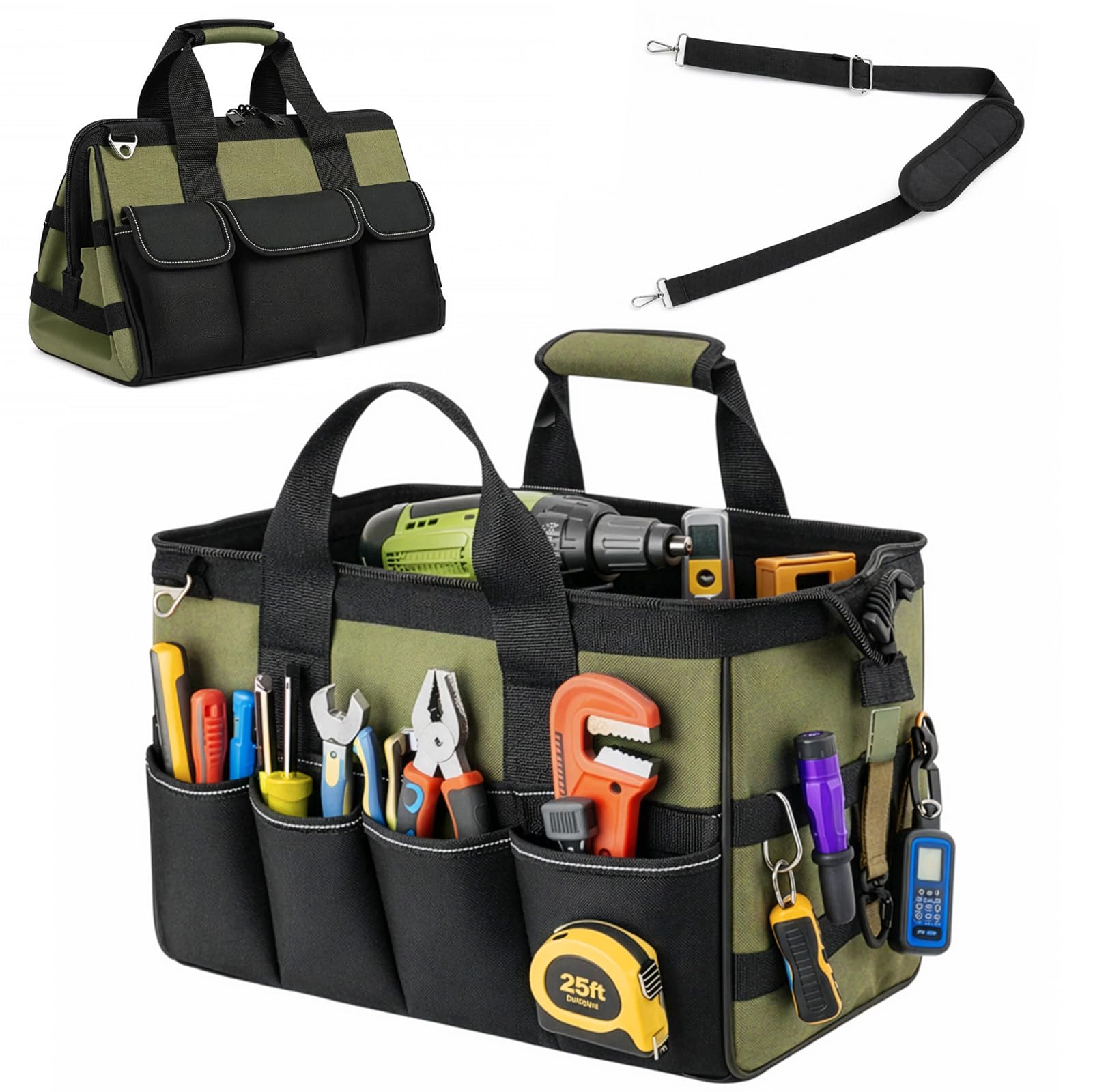 Heavy Duty Tool Storage Bag, Wear Resistant Tool Organizer with Zip Closure, Reinforced Rubber Base & Shoulder Strap, Multi-Purpose Large Capacity Carry Bag for Hand Tools, Power Tools, Ele