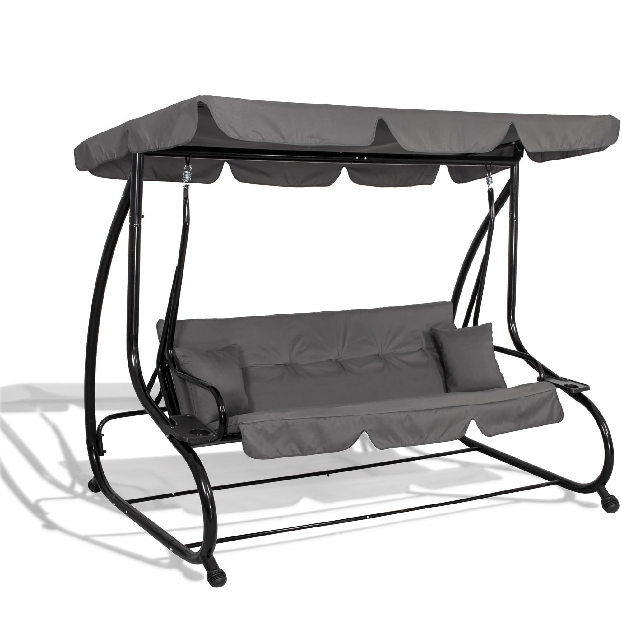 SPRINGOS Columpio de jardín de 4 plazas, 220 x 162 cm, con 2 cojines, soporte para bebidas y función reclinable, resistente a la intemperie para jardín, balcón y terraza
