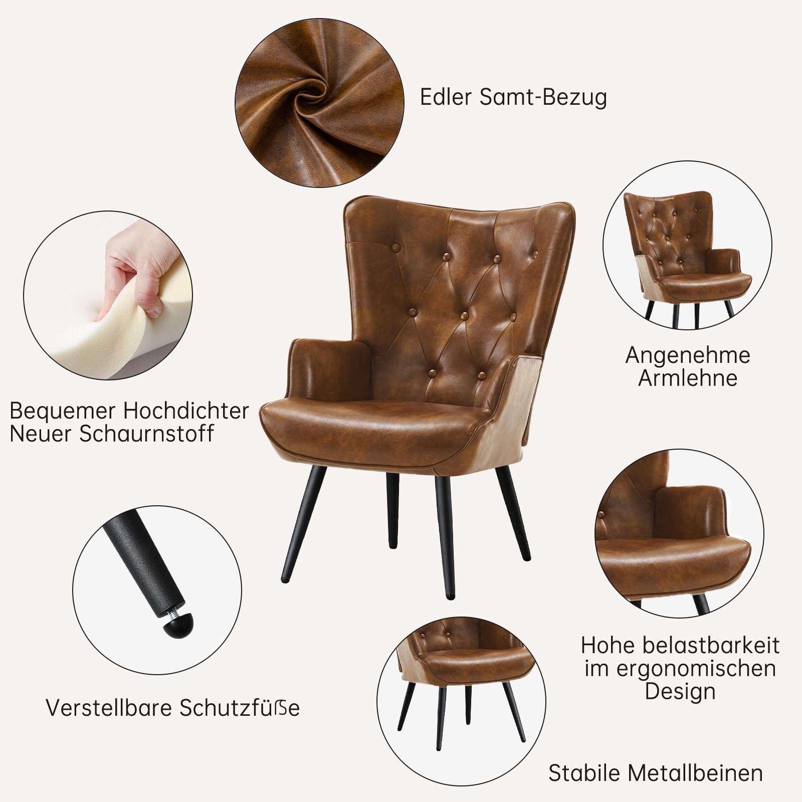 Sillones de Salón, Butaca de Salón, Sillón de Salón Orejero Estilo Escandinavo, Butaca de Dormitorio con Tapizado Sillón Lectura para Dormitorio Sala de Estar, Marrón
