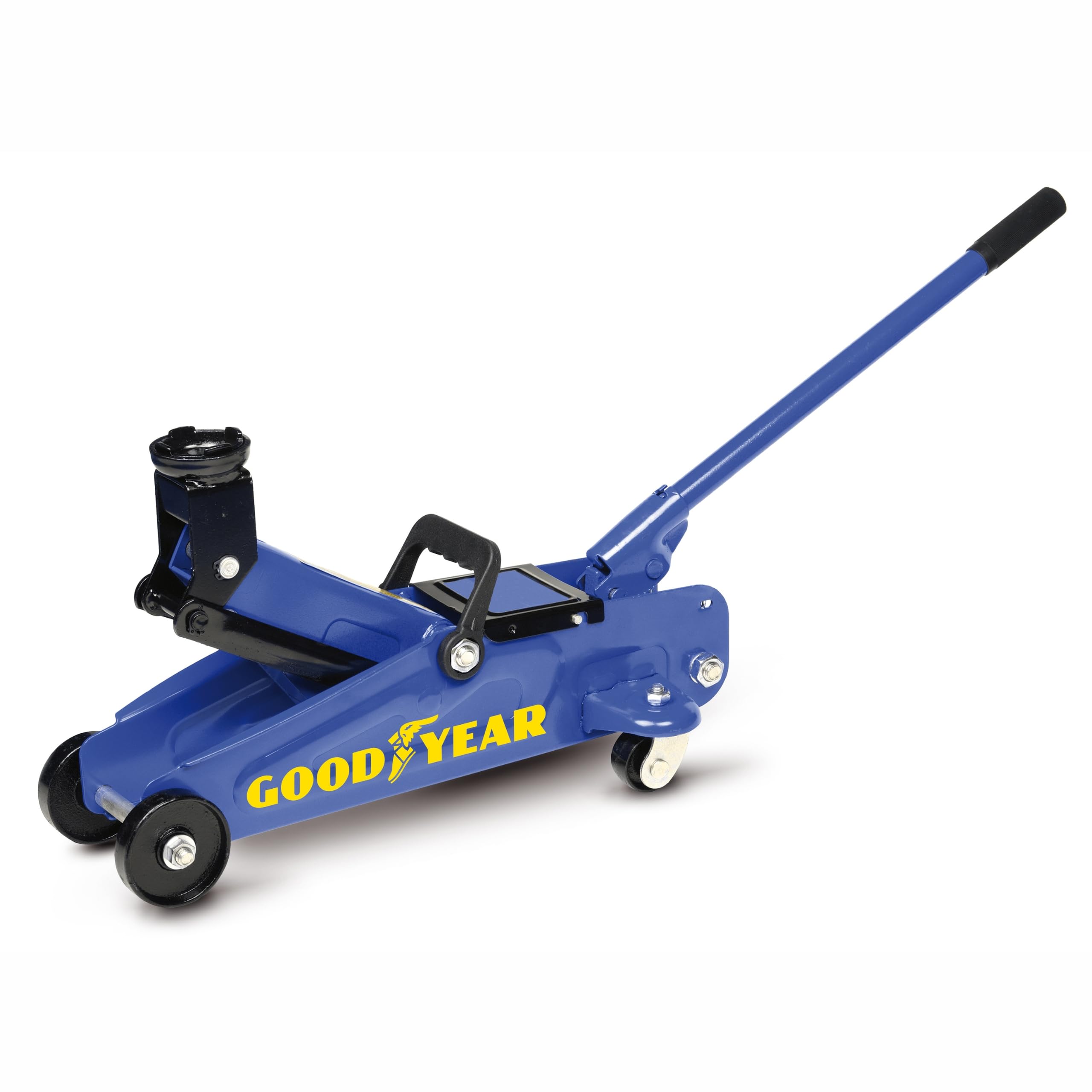 Goodyear 77468 Cric Idraulico Trolley 2 Ton, con Carrello e Ruote Piroettanti 360°, Telaio e Braccio in Acciaio, Leva Disinseribile con Maniglia in Gomma