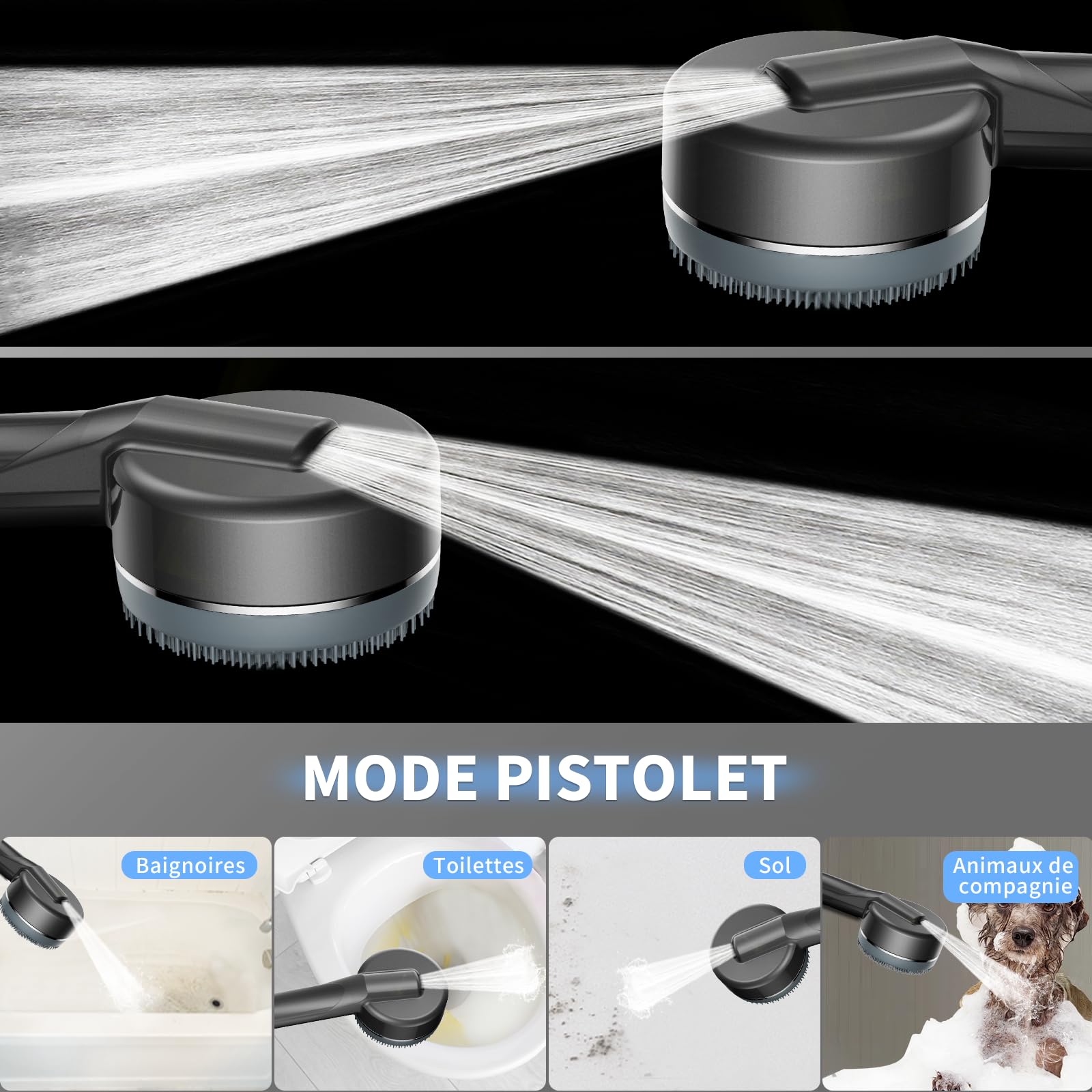 Pommeau Douche Haute Pression Anti Calcaire avec Filtre 15 Étapes Tuyau 1,5M Support 4 Jets Gris
