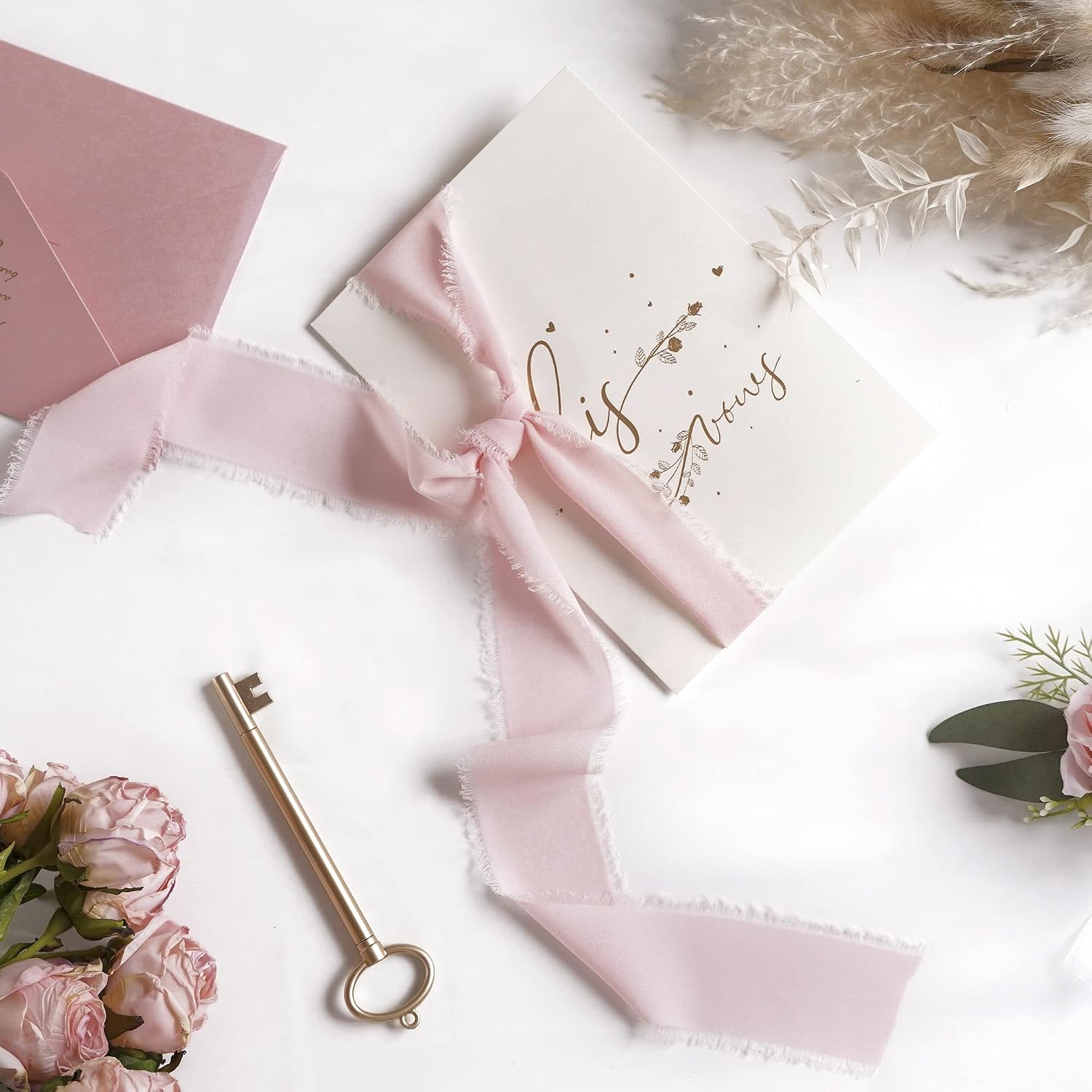 MEEDEE Pink Chiffon 2 Inch Ribbon Fringe Chiffon Ribbon Light Pink Frayed Ribbons for Crafts Silk Chiffon Ribbons for Gift Wrapping Wedding Invitation, Bridal Bouquet (3 Rolls 21 Yards)