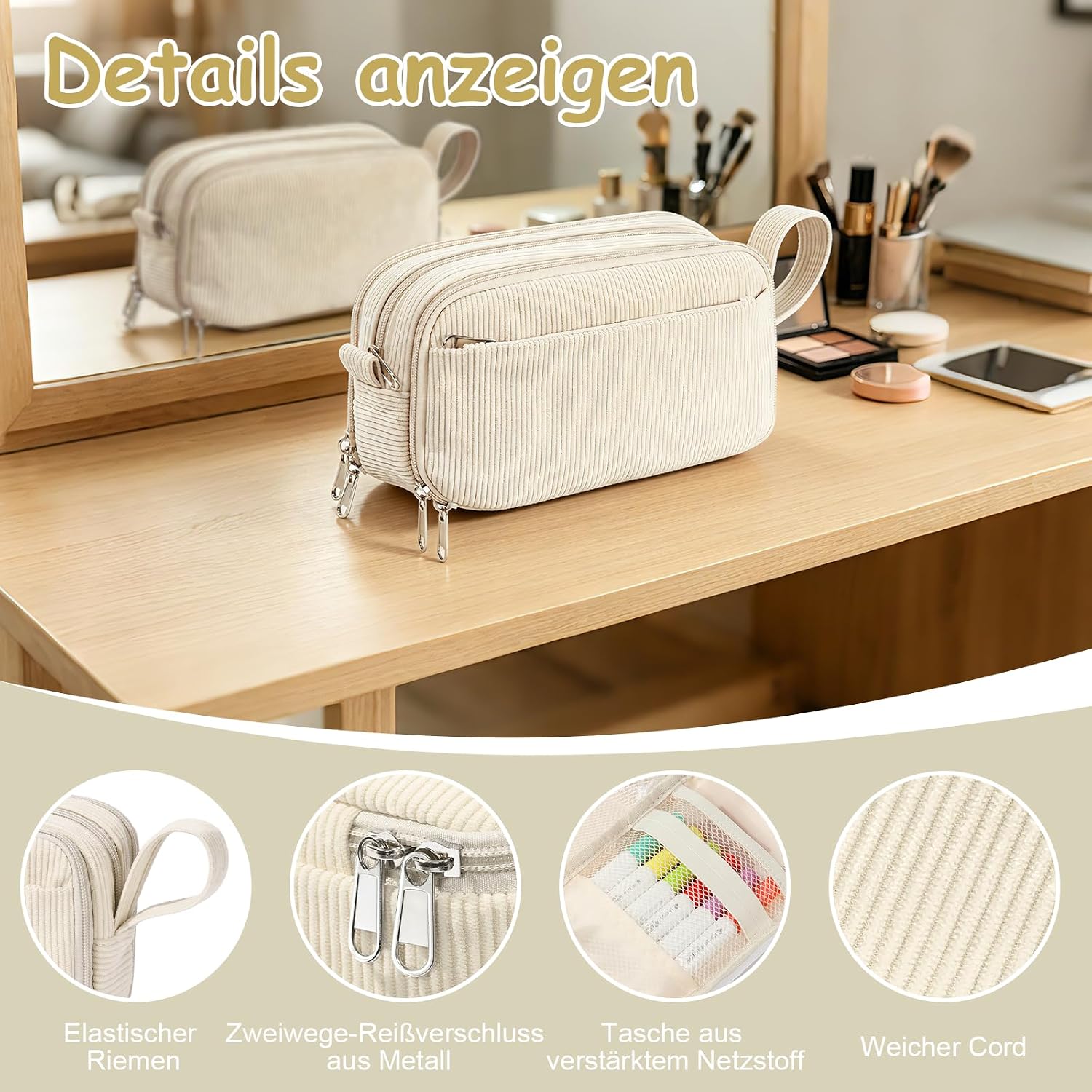 BuyCard 4-Fach Großes Federmäppchen, Beige Cord Etui - Mise en situation et utilisation