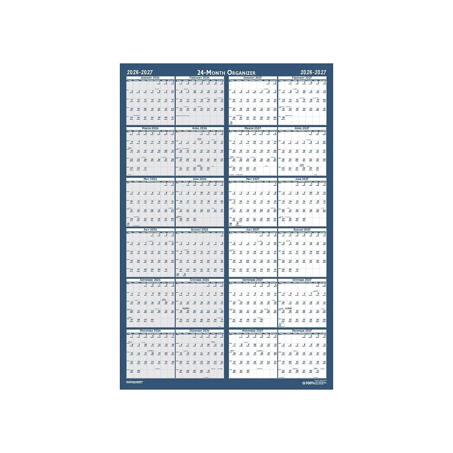House of Doolittle 2026-2027 Monthly 37" x 24" Dry Erase Wall Calendar, Reversible, Blue (3964-26)