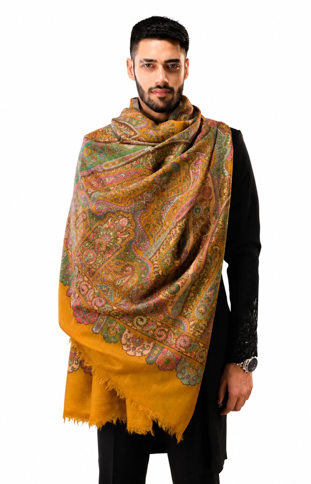 Mens 100% Certified Pure Wool, Woven Kalamkari Design Stole, Mustard-image-31