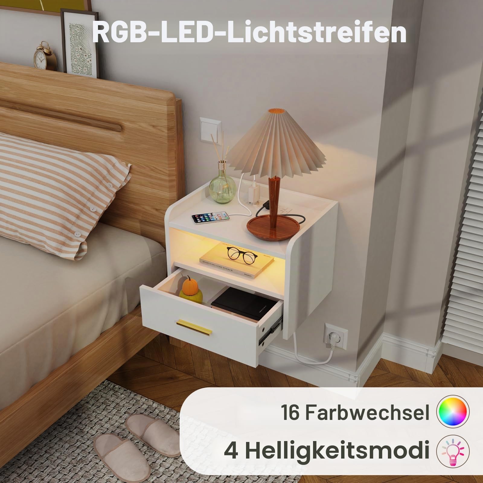 Nachttisch wandmontage, Nachtschrank Hängend, Offenes Fach Und Einer Schublade, 2 USB Anschlüsse, 2 Steckdosen, 16 Farben LED Nachttisch mit Ladestation 40x30x30cm