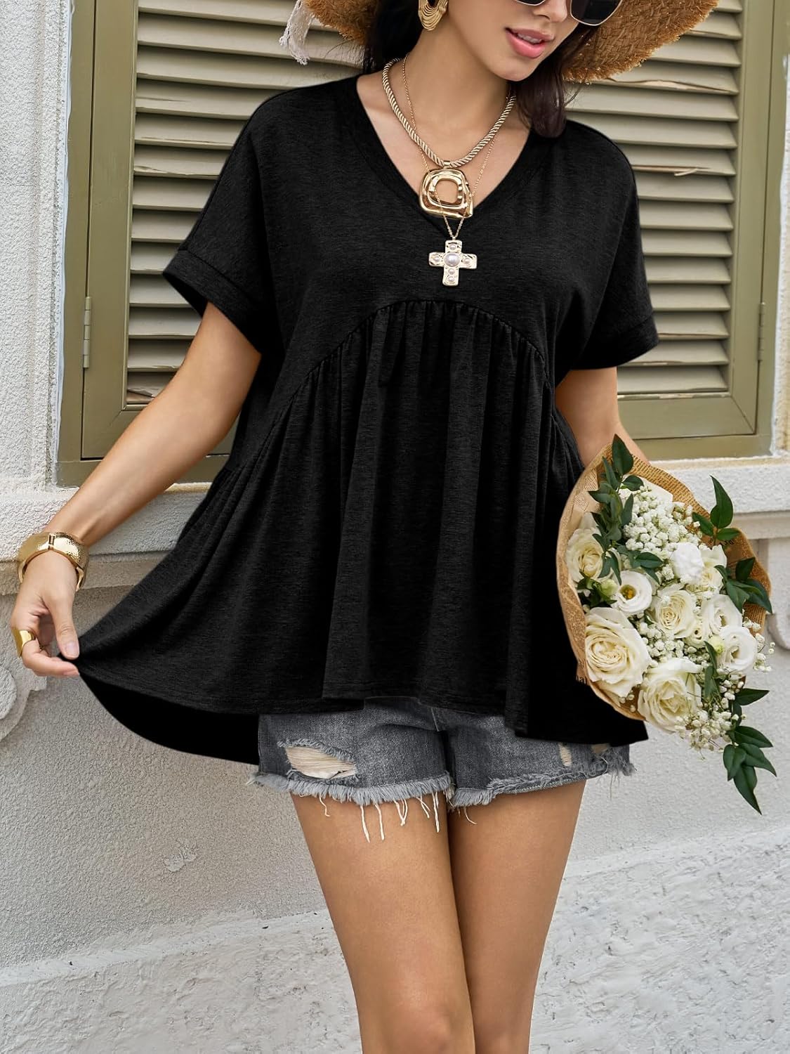 Cicy Bell Womens Summer Peplum Tops Oversized Babydoll Short Sleeve V Neck T Shirts Casual Loose Pleated Swing Blouse - Image 5