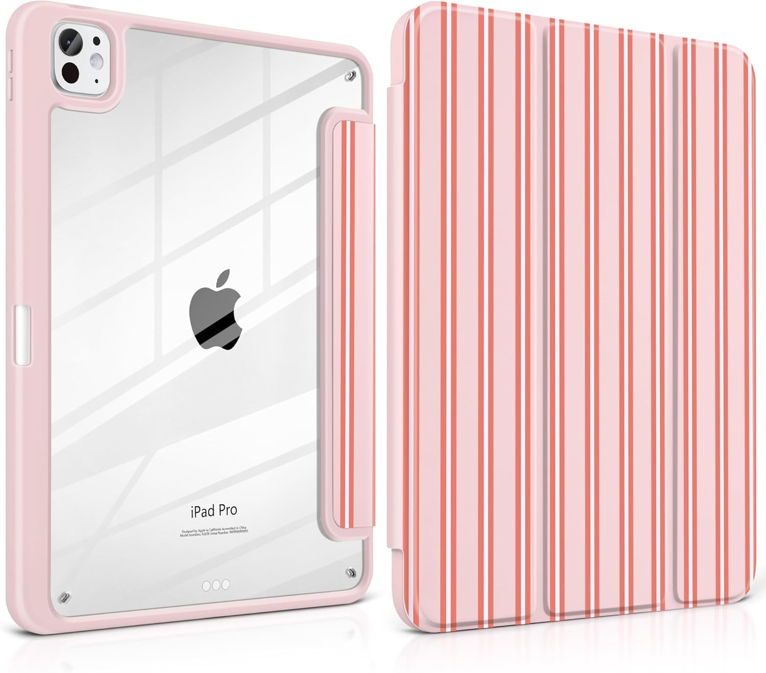 Case for iPad Pro 11 Inch (M5 2025 M4 2024) – [Built-in Pencil Holder], Shockproof & Stylish, Clear Hard Back + Soft TPU Edge, Magnetic Trifold Stand, Auto Wake/Sleep, Pink Stripes