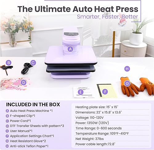 Miniatura 9 de Whubefy Prensa de calor automática giratoria de 360 de 15 x 15 pulgadas, máquina de prensa automática profesional de camisas con liberación