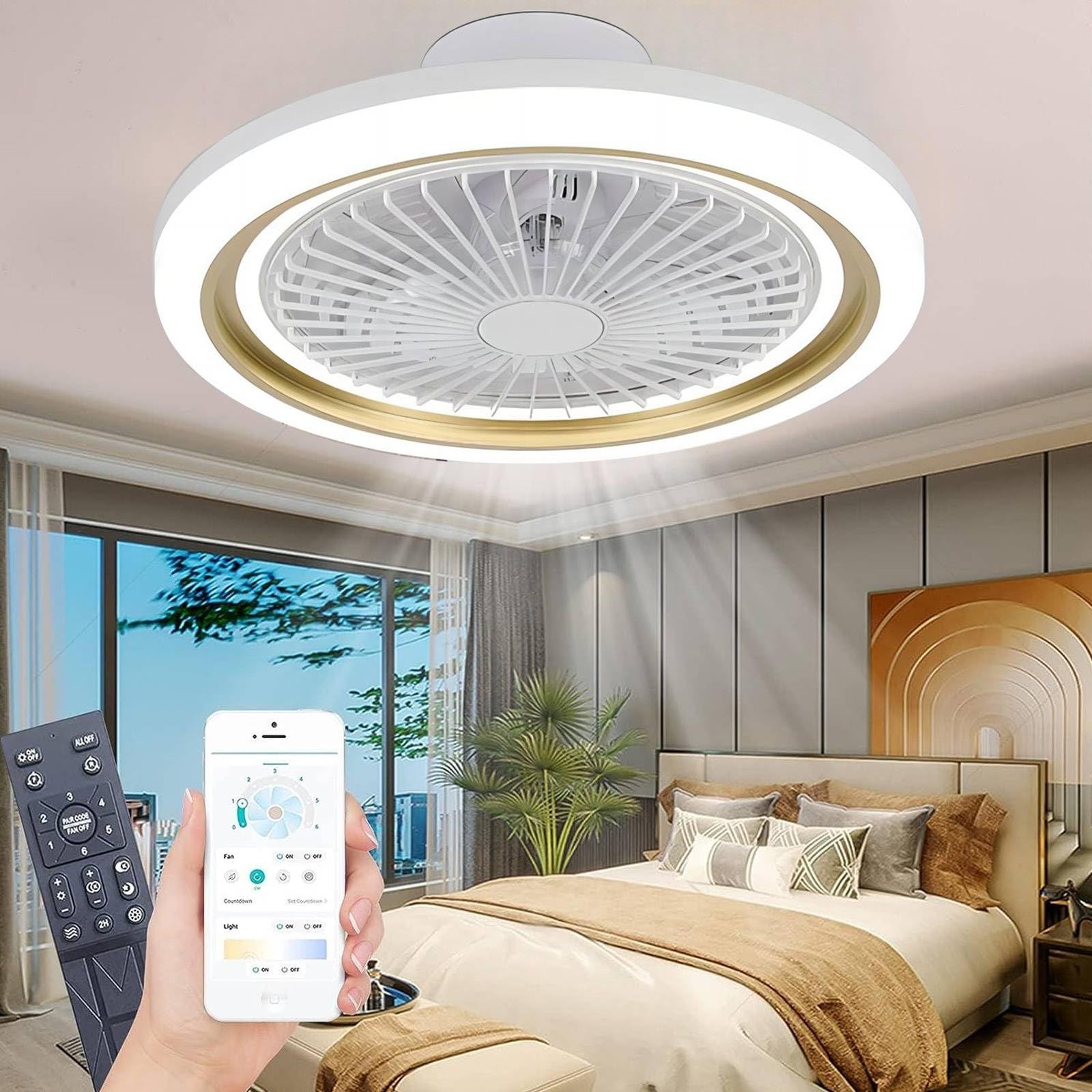Ventilatore Da Soffitto YUNZI Con Luce LED Dimmerabile 50 Cm, Telecomando 6 Velocità, 3000K-6500K, Colore Oro - 2