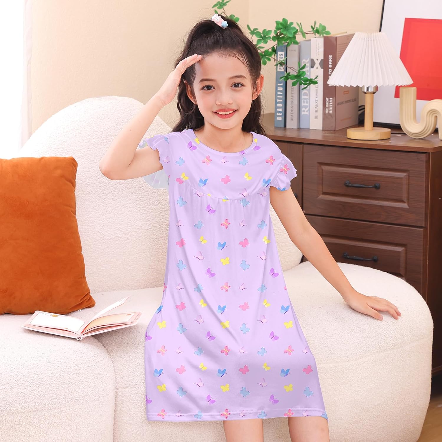 ICOSY 2PCS Girls Nightgowns Toddler Girl Pajamas Flutter Short Sleeve Princess Dress Sleepwear for Girls - Image 6