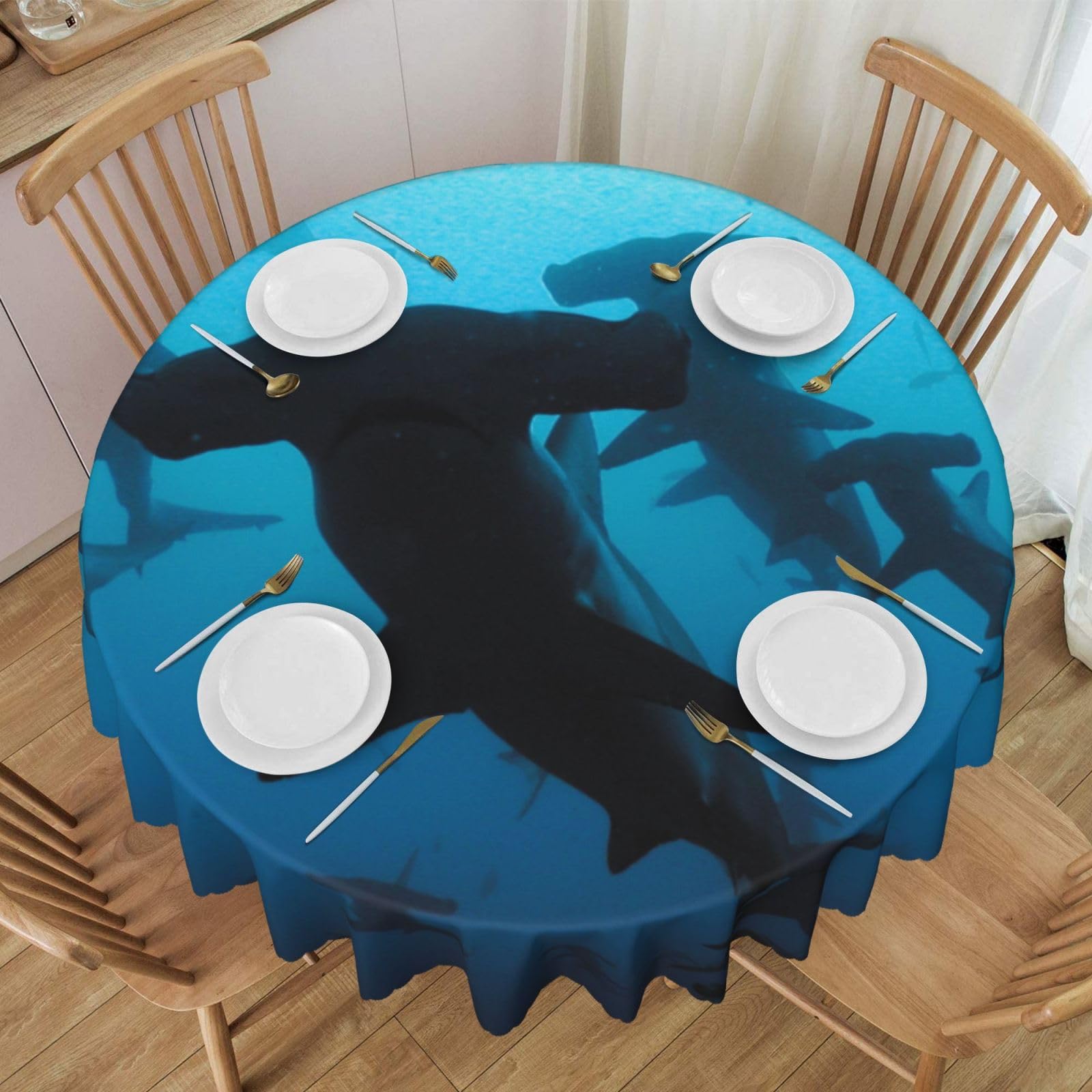 DCEHGEW 60 In Round Tablecloth with Lace, Hammerhead Sharks Printed Oilproof & Washable Fabric Picnic Table Cloth Table Covers
