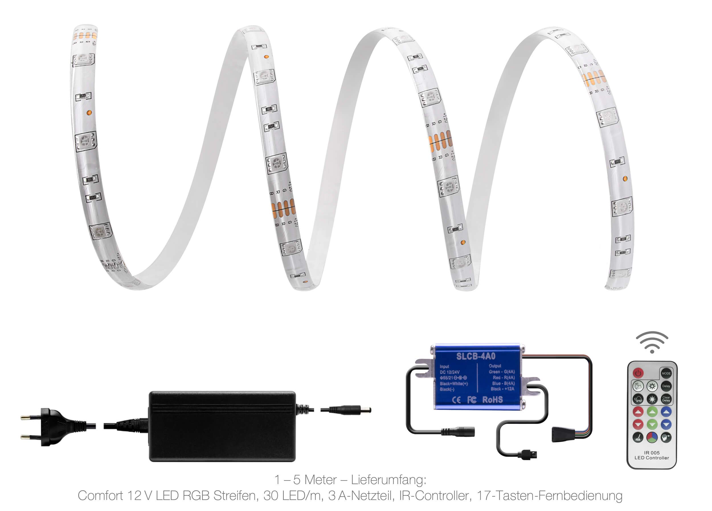 3 M RGB Tira LED Set (30 LED/M, IP65), incluye controlador, 17 teclas Mando a distancia y fuente de alimentación de 3 a