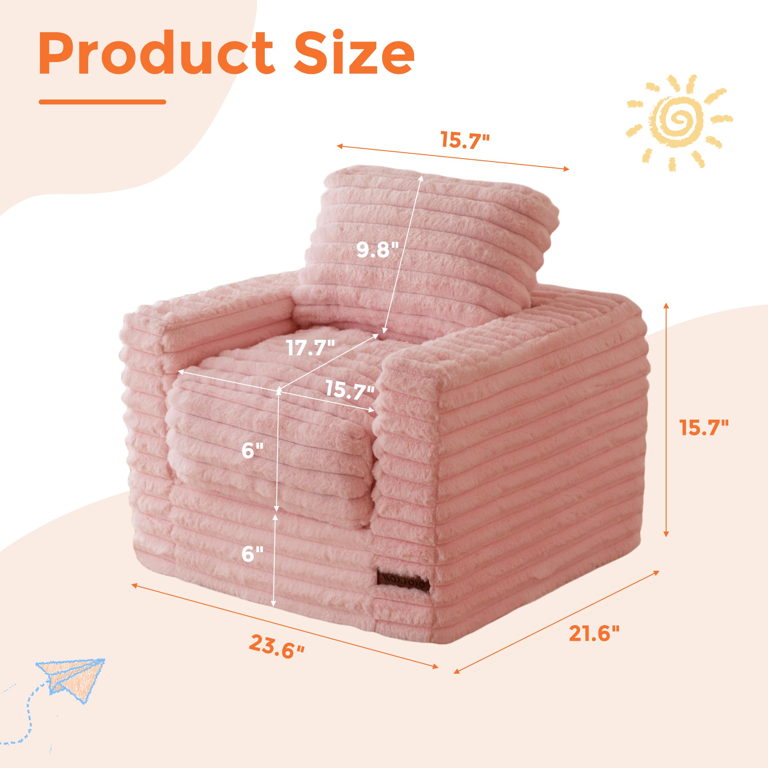 MAXYOYO Kids Bean Bag Chair, Comfy Faux Fur Bean Bag Sofa with Filler, Upholstered Floor Sofa with Pillows and Armrests, Lazy Floor Chair Couch for Boys and Girls, Pink