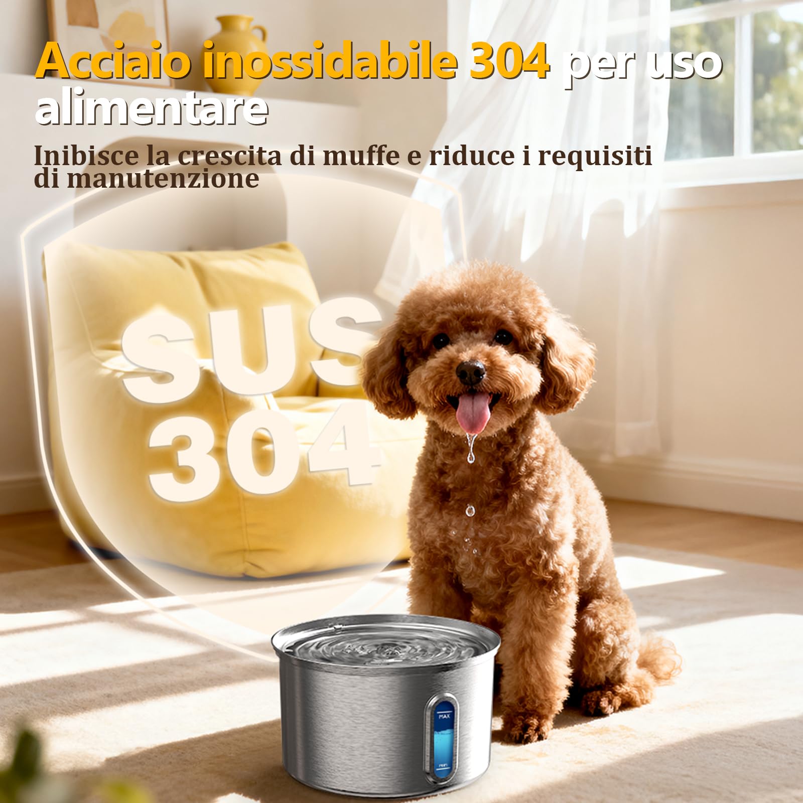 Fontanella per Gatti Acciaio Inox, 3.2L/108oz Fontana per Gatto con Sistema di Filtrazione a Cinque Stadi, 25dB Ultra silenziosa, 5W Basso Consumo, Adatto per gatti, cani e piccoli pets +3 Filtri