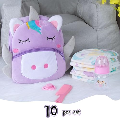 Miniatura 5 de Juego de 10 bolsas de pañales para muñecas Reborn de 17 a 24 pulgadas, accesorios para bebés recién nacidos, con mochila de unicornio, pañales,