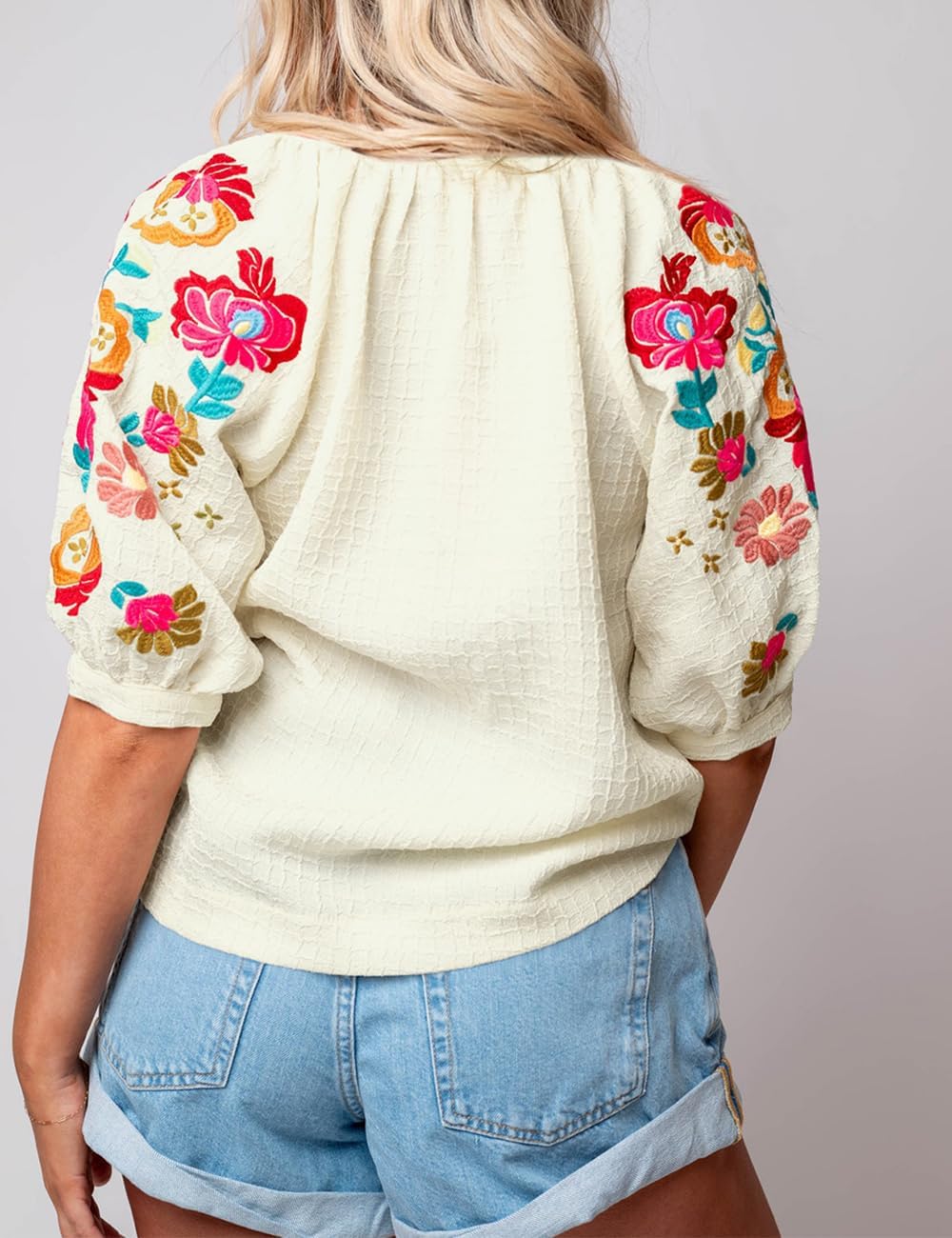 Ecosunny Women's Casual V Neck Puff Short Sleeve Shirts Floral Embroidered Ricrac Textured Loose Tunic Blouses Tops - Image 4