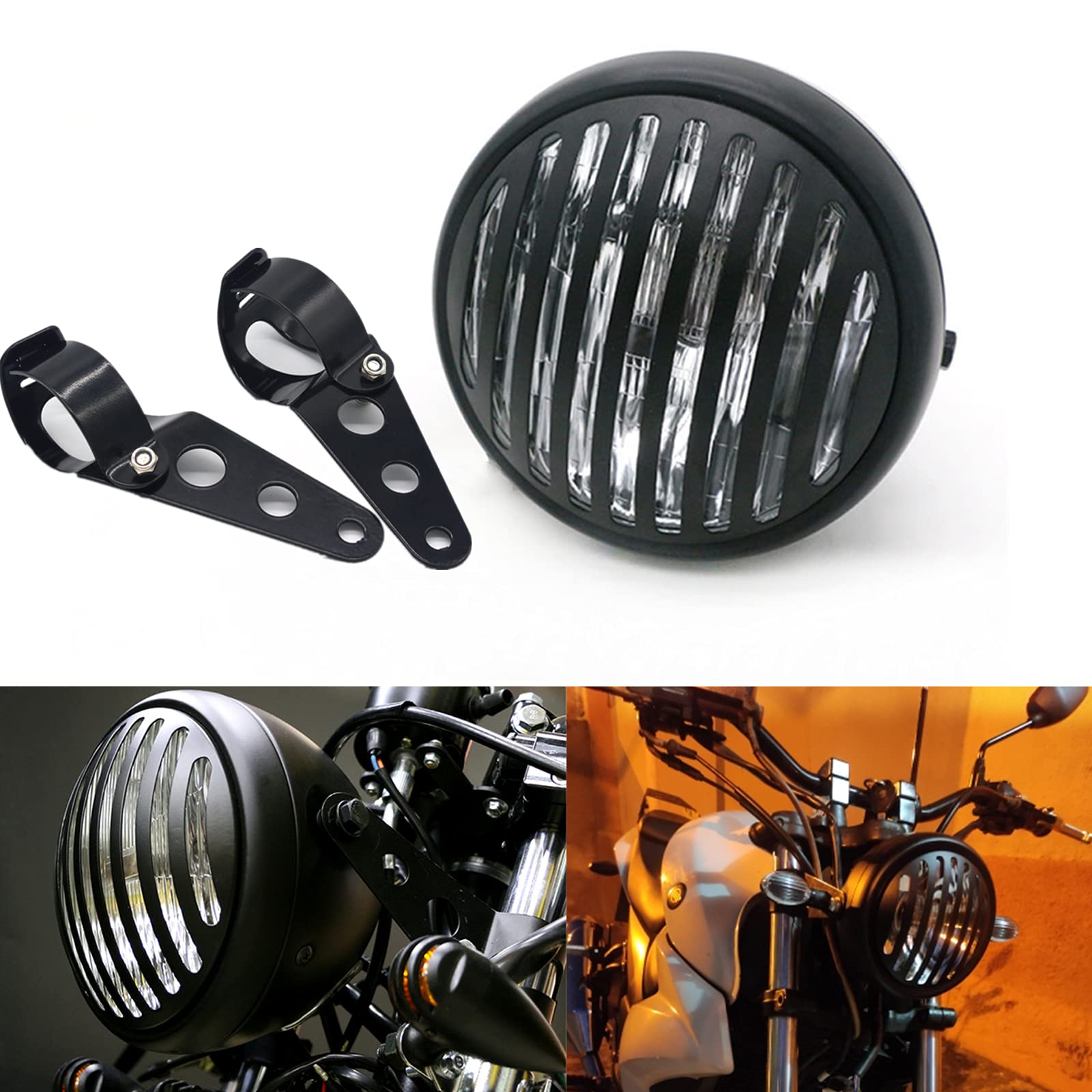 Faro rotondo per moto da 7" con griglia personalizzata e supporto di montaggio, faro anteriore universale retrò nero per moto per Softail Street Glide Chopper Cruiser CG125