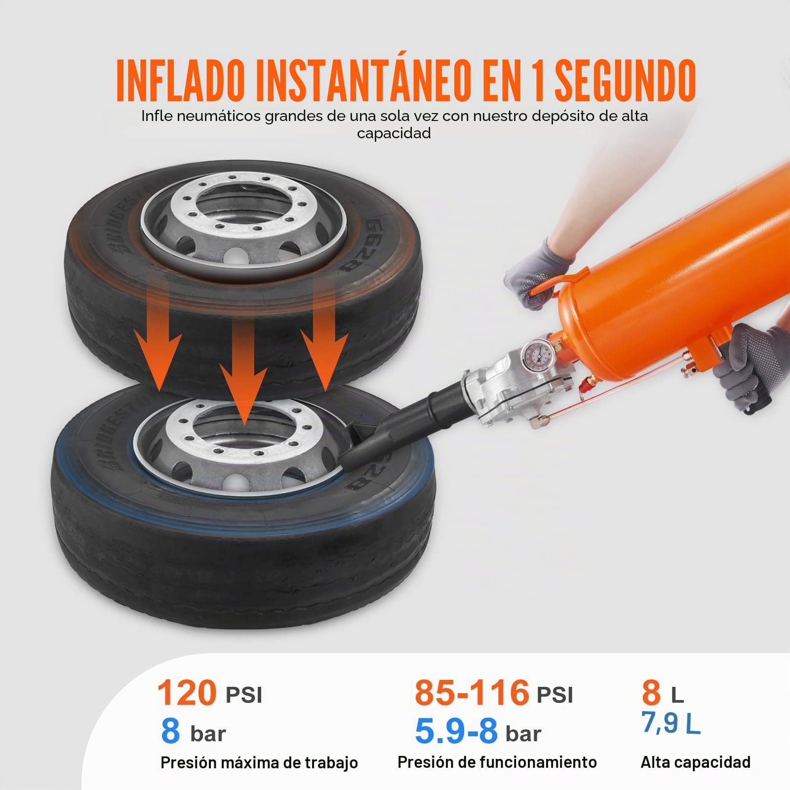 VEVOR Inflador de neumáticos de cañón de aire de 8 L, compresor de aire portátil de 120 PSI, presión de trabajo de 85-116 PSI para tractor, camión, ATV, coche y taller de reparación de automóviles
