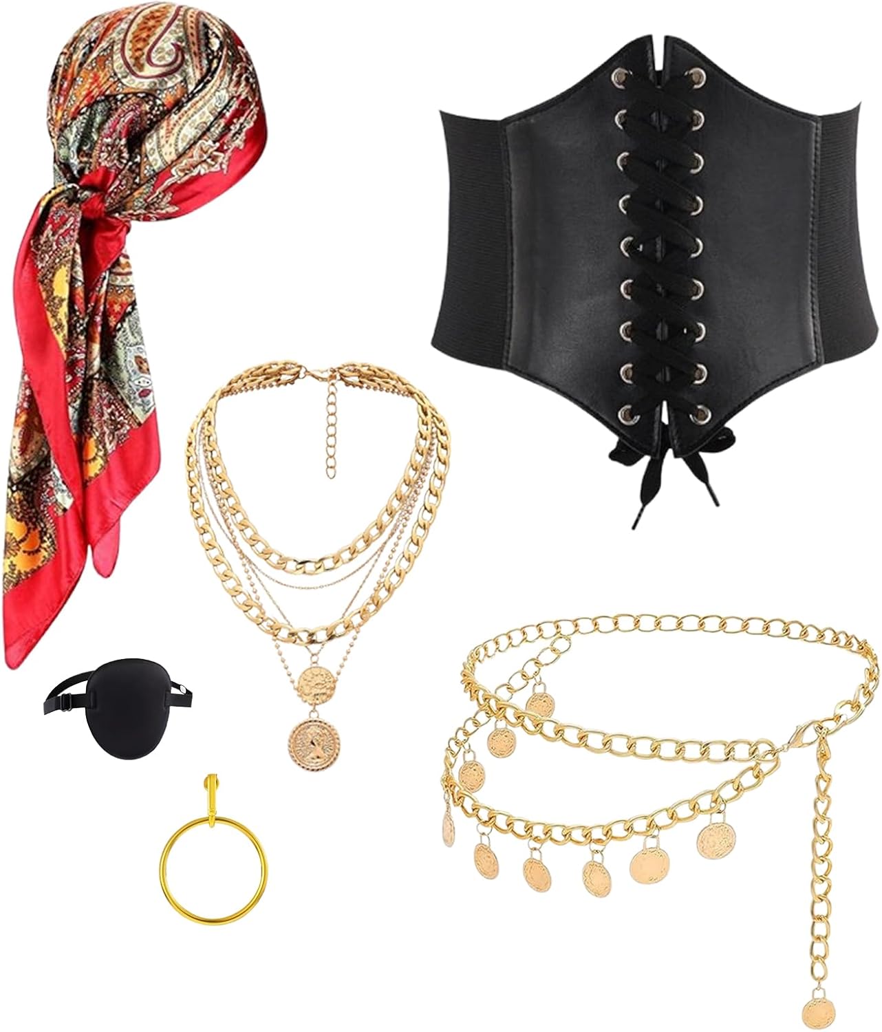 YMO Pirate Accessories for Women, Pirate Costume Women for Bandana Corset Chain Belt Necklace for Cosplay Party