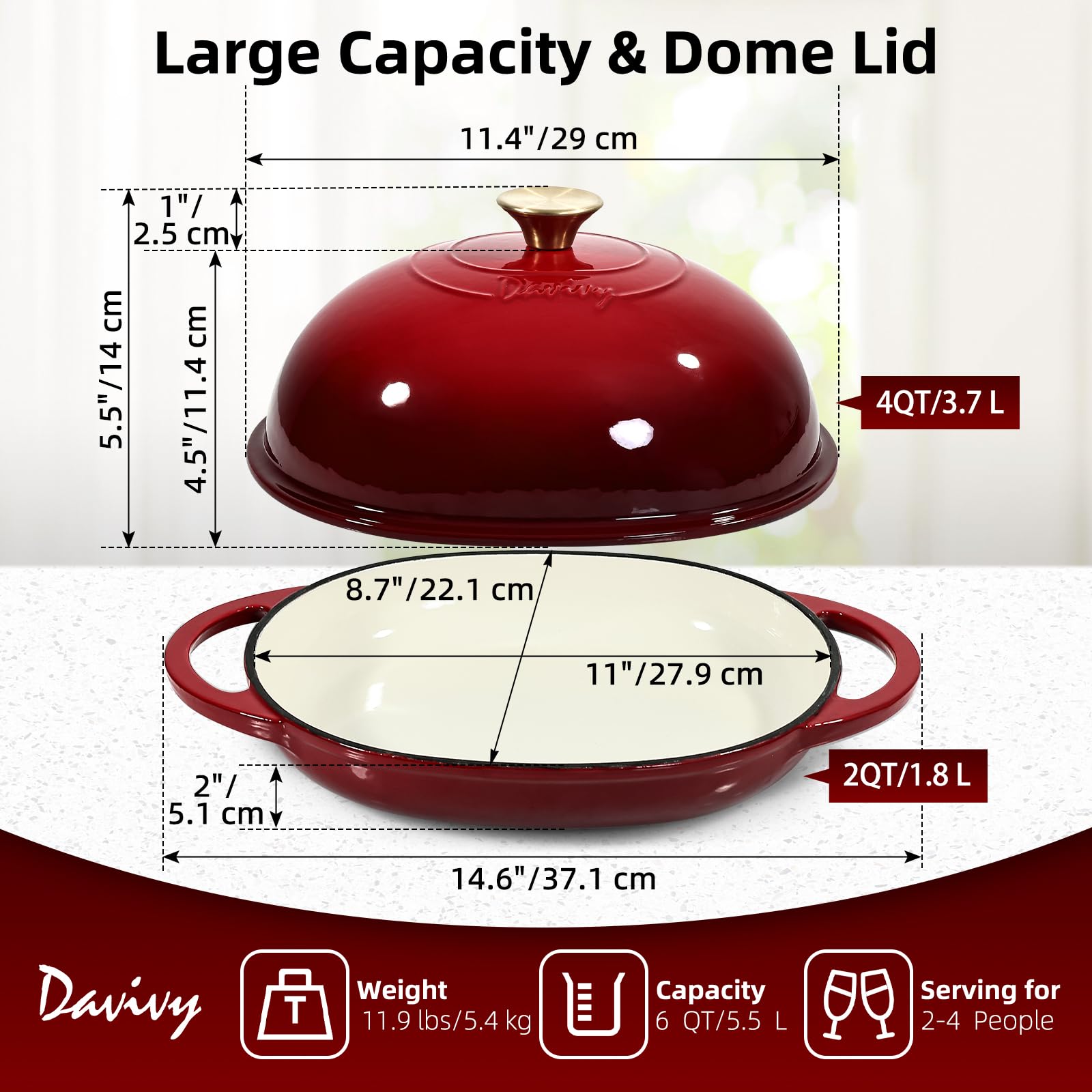 Davivy Forno olandese ovale in ghisa smaltata da 5,5 l, per pane a lievitazione naturale, pentola olandese con coperchio a cupola, pentola per il pane in ghisa (rosso rubino, con tappetino in silicone