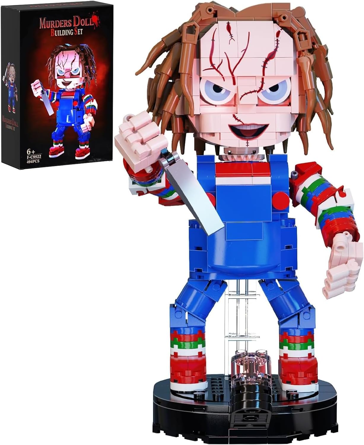 Chucky Overalls Child Action Figures Building Block Sets, Blue Scared Doll Monster Horror Movie Model Toys, Suitable for Halloween for Boys Grils Kids Age 6+ (494 PCS)