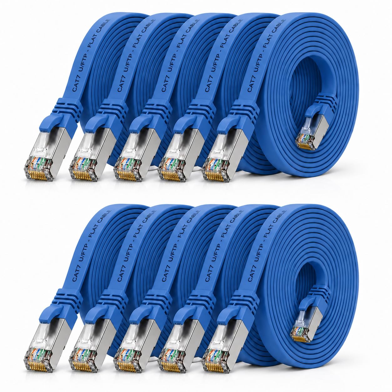 10x Cable Ethernet CAT7 plano 7,5m U/FTP 10 Gbit/s RJ45 Cat6a azul | Cable de red LAN plano y flexible, LSZH, para router, módem, switch, PC, Smart TV, consola, NAS y panel de conexiones RJ45.