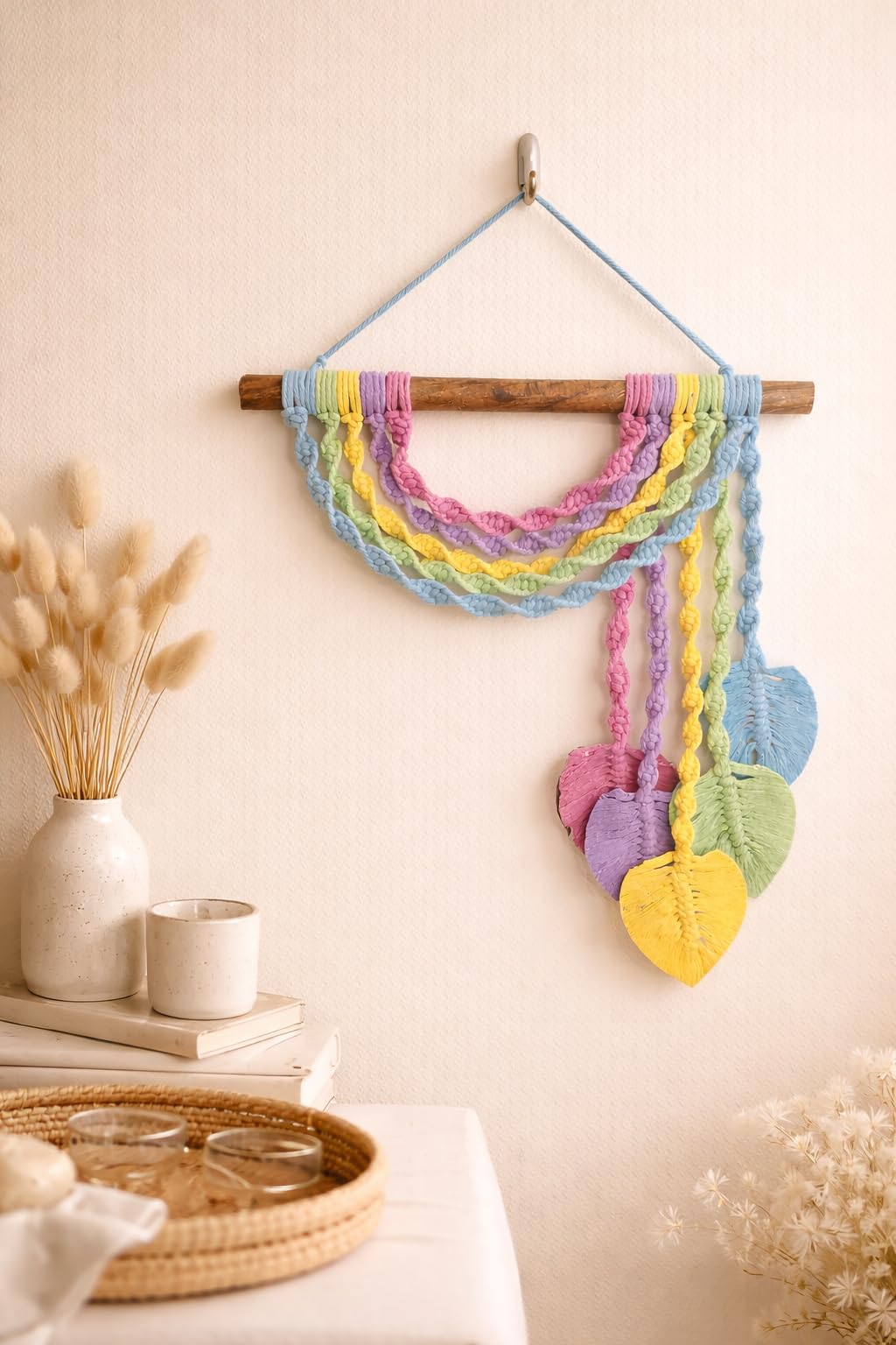 Aesthetome Handmade Rainbow Macramé Wall Hanging | Aesthetic Boho Leaf Design | Colorful Cotton Decor for Living Room, Bedroom, Kids Room – 16 x 24 inches-image-34
