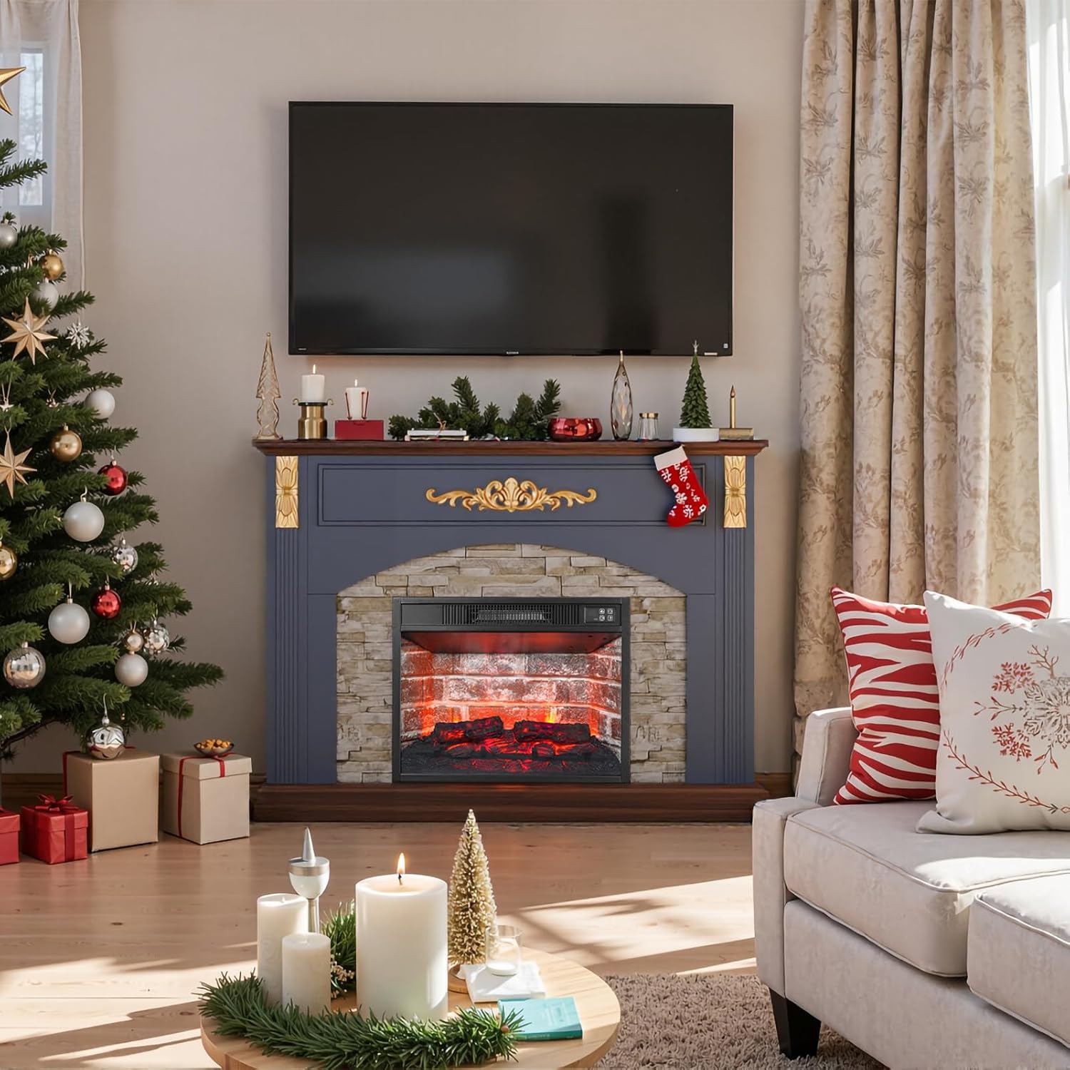 BLANKSPACE 44" Electric Fireplace with Mantel, Stacked Stone Surround, 23 Inch Red Brick Insert Heater, Blue Fireplace Cabinet with Gold Carved Accents