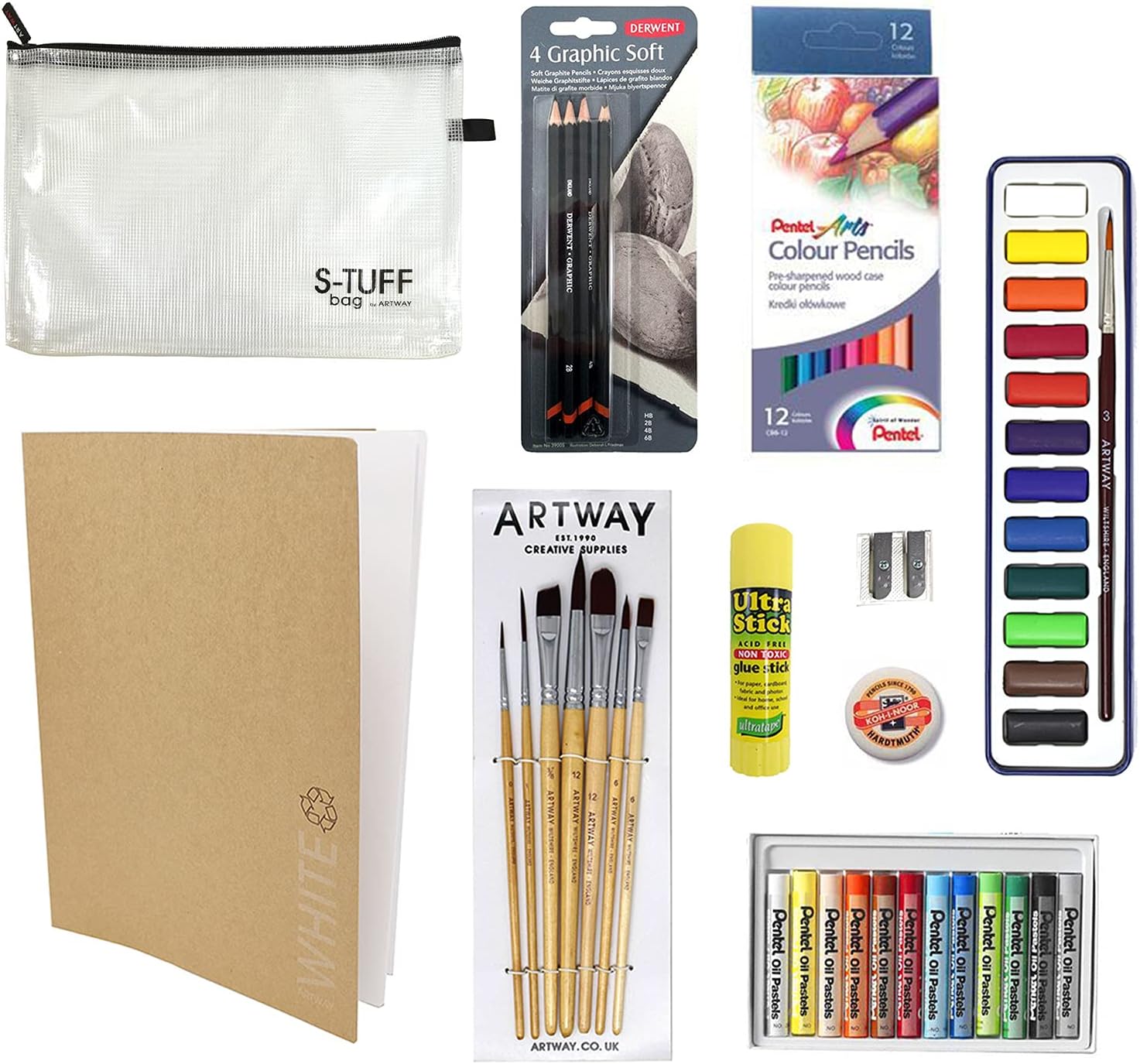 ArtwayEssentials Art Kit - 10 Items Including S-Tuff Bag, Pencils, Brushes, Pastels, Paints and More - Ideal for GCSE The Artway Art Kit Essentials