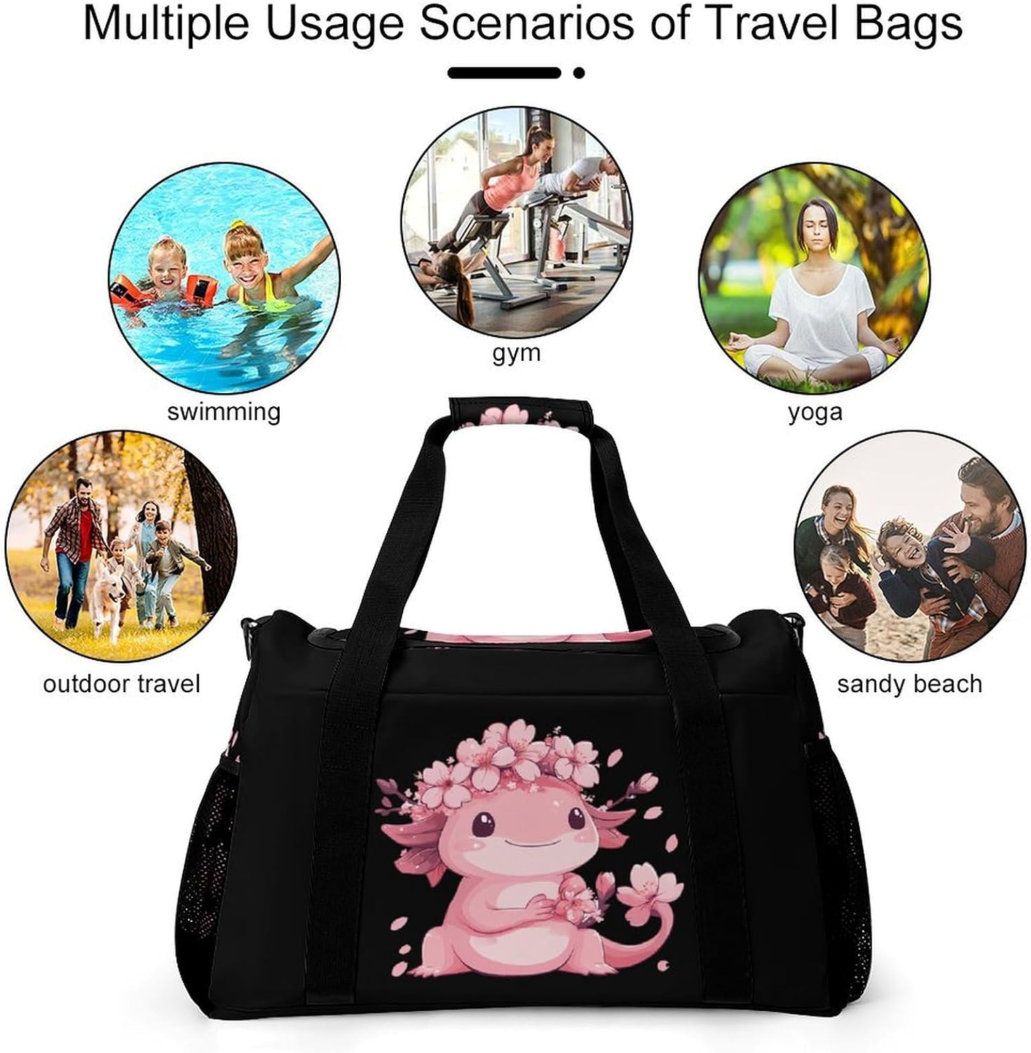 Cherryflowers Axolotl Travel Duffle Bag Sport Gym Bag Carry On Weekender Bag Crossbody Bags for Women Men