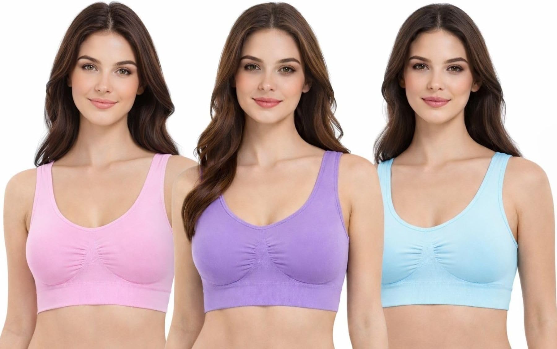 3 Pack Comfort Bra Padded Women Girls Crop Top with Pads Seamless Sleep Yoga Bralette Leisure Stretch Sports Vest Wide Straps Value Pack