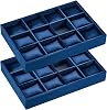 Henoyso 2 Pieces 12 Grid Velvet Watch Tray Jewelry Organizer Stackable Watch Bracelet Bangle Display Holder Adjustable PillowBlue