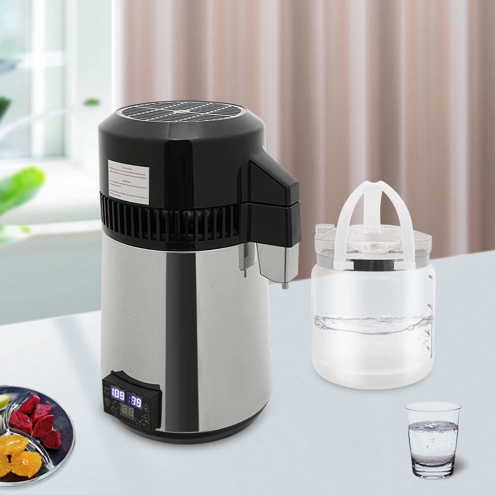 4L Wasserdestillierer Destillierter Wassermacher Edelstahl Wasserdestilliergerät mit Wasserbehälter, Wasseraufbereiter Wasseraufbereitungsmaschine mit LED-Anzeige, Reinwasser destilieren für zu Hause